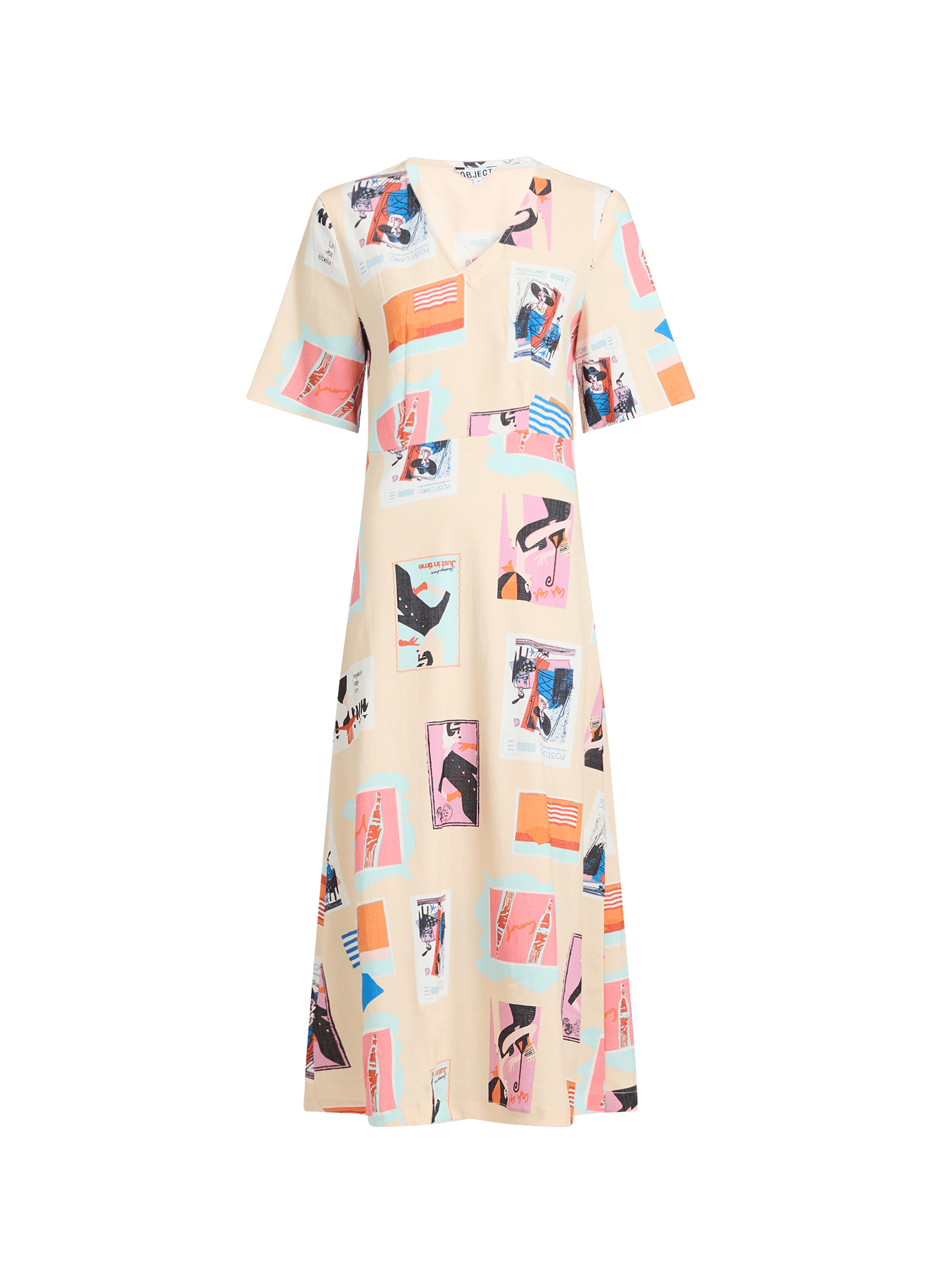 Robe midi col V évasée imprimée OBJECT Beige