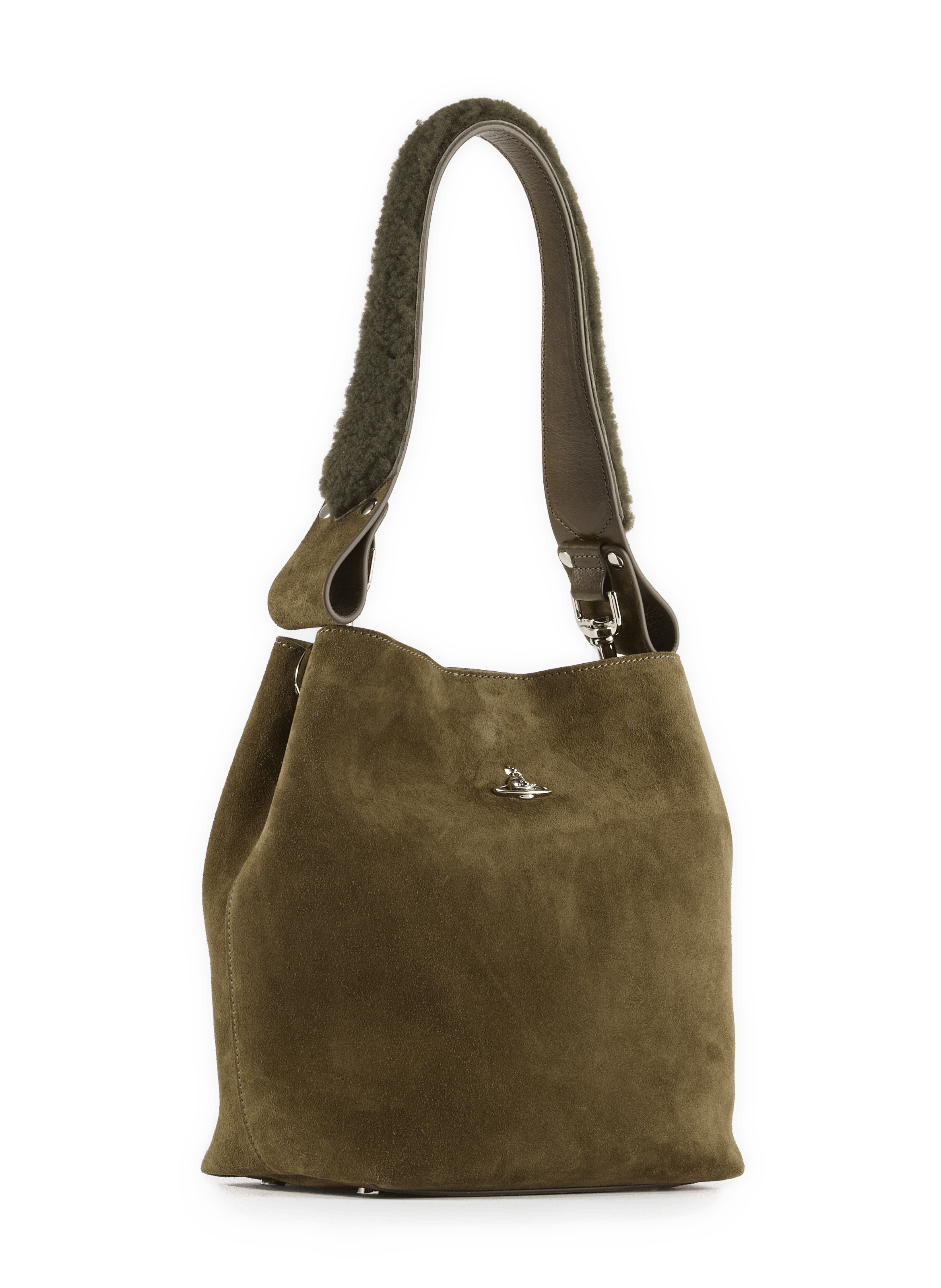 Eimer-Tasche mit Orb-Plakette aus Kalbsleder. VIVIENNE WESTWOOD Grun