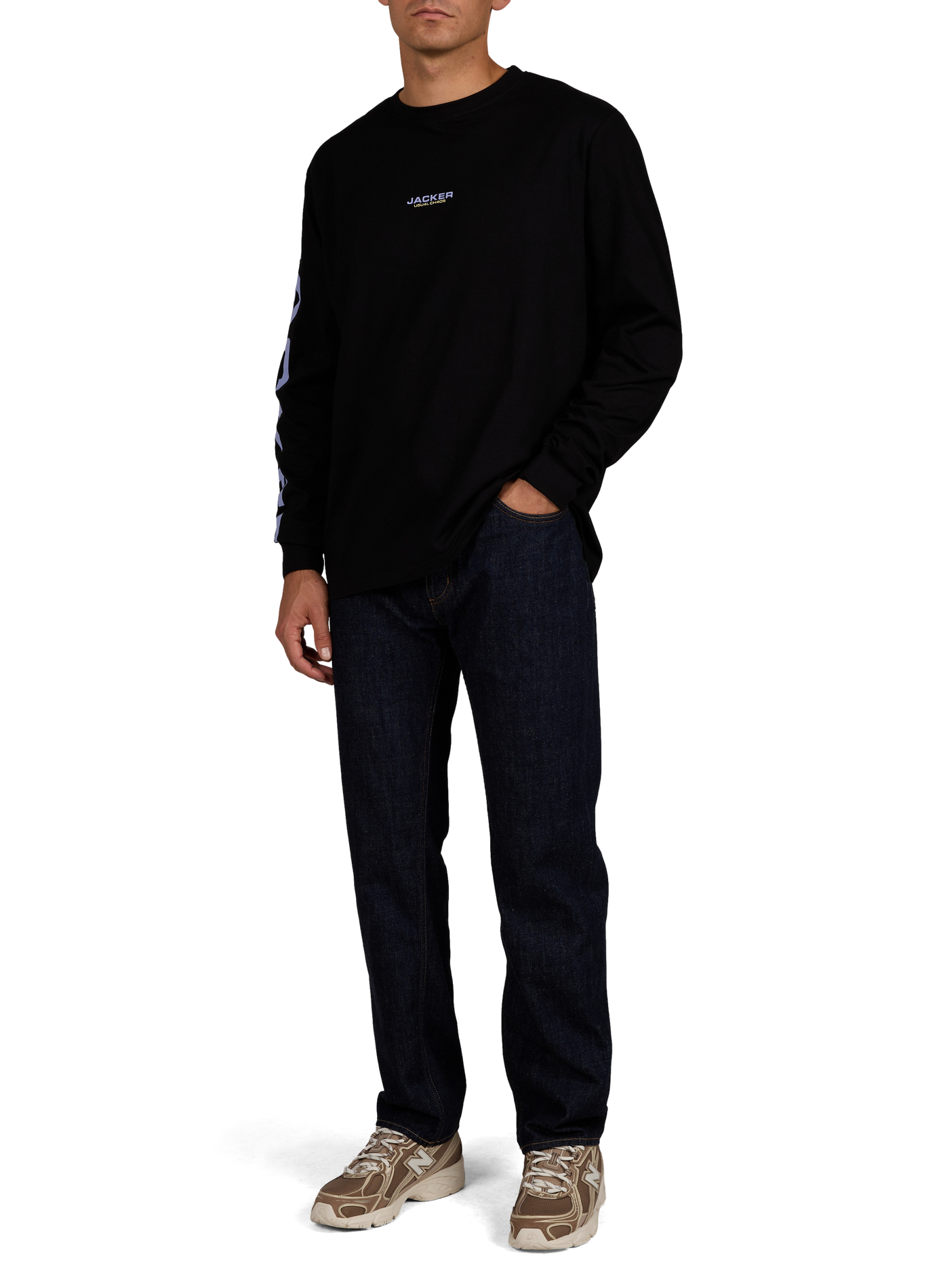 Straight-fit crew-neck T-shirt with screen print JACKER. Black