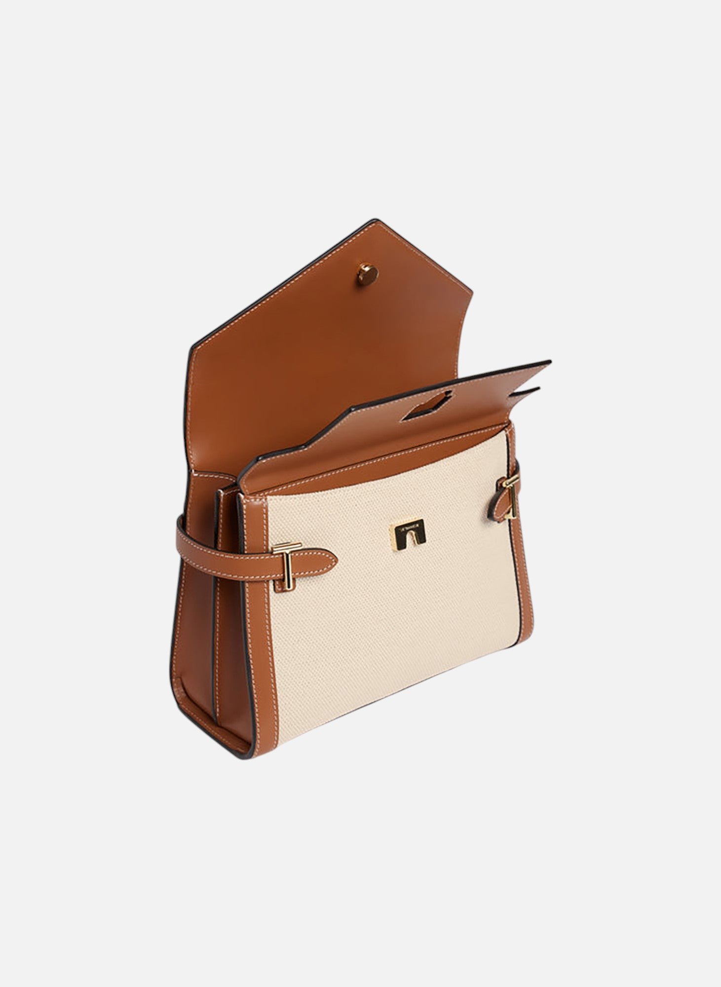 Sac à main double rabat moyen modèle emilie en toile coton et cuir lisse LE TANNEUR Marron
