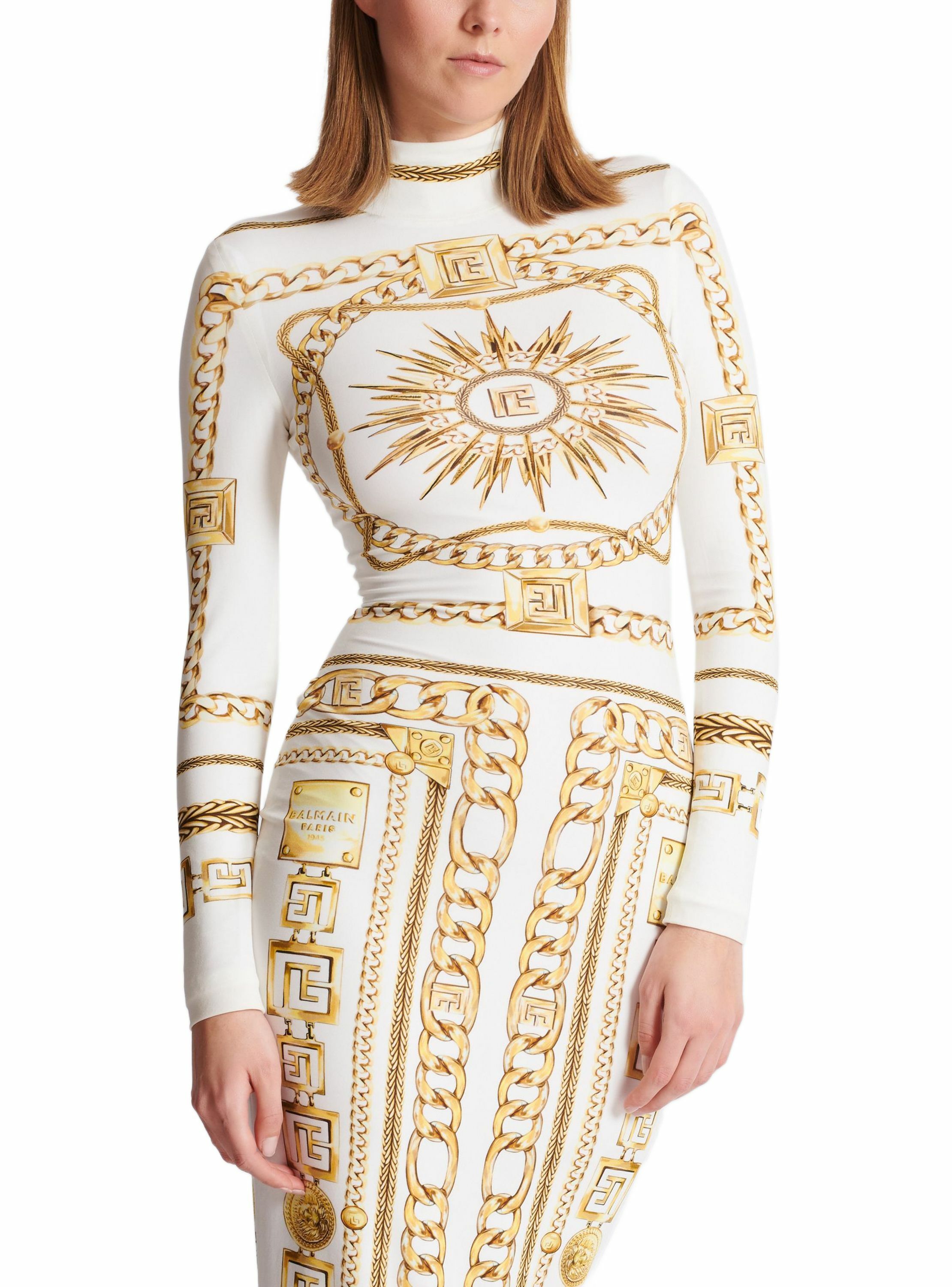 Robe bodycon longue imprimée motif balmain foulard BALMAIN Doré
