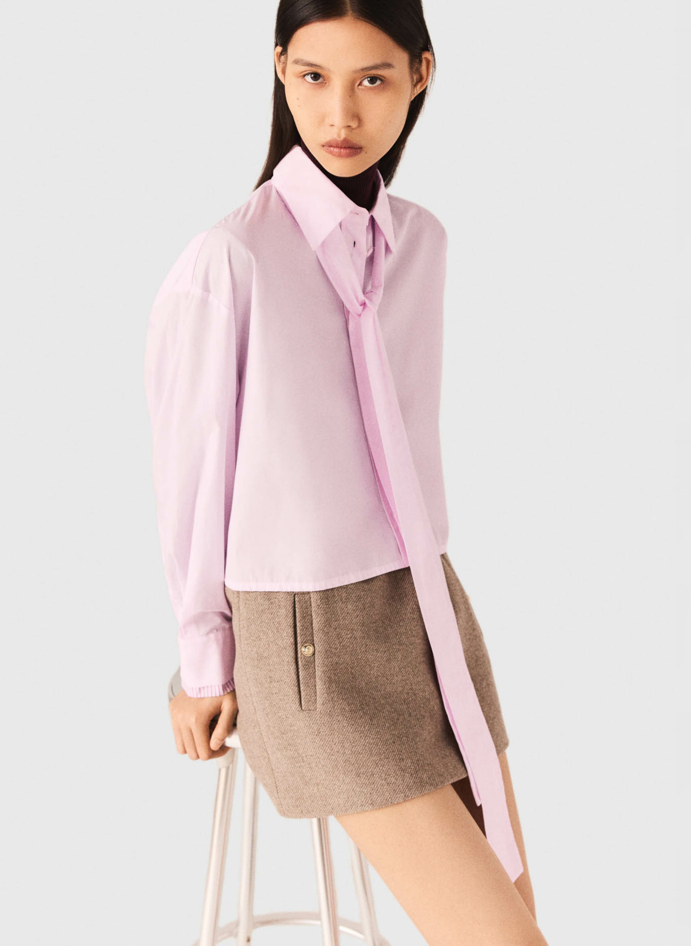 Chemise col lavallière en coton MAJE Rose