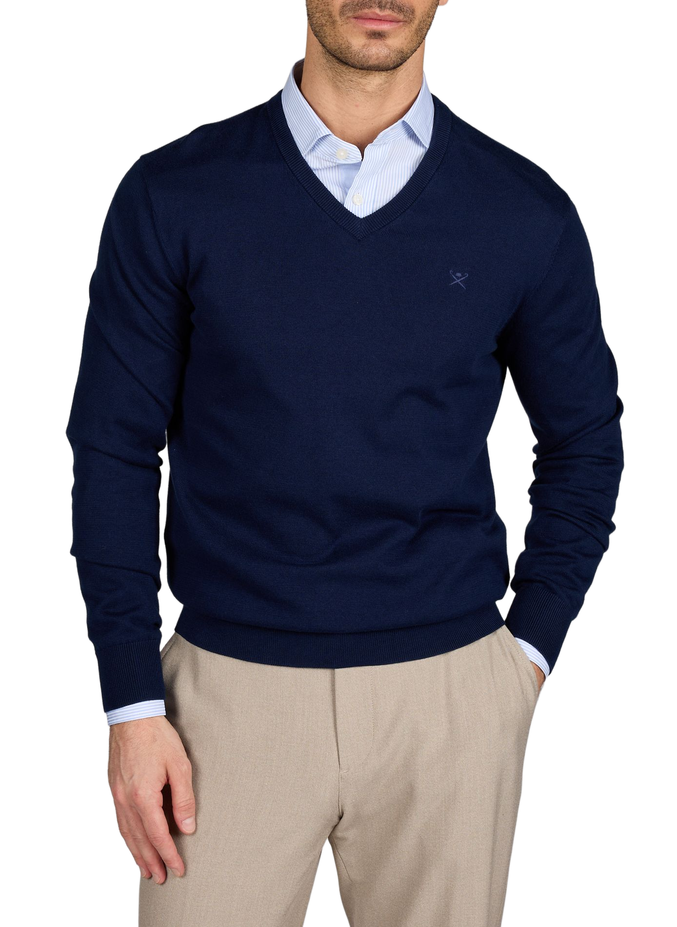 Pull col V en coton HACKETT Bleu