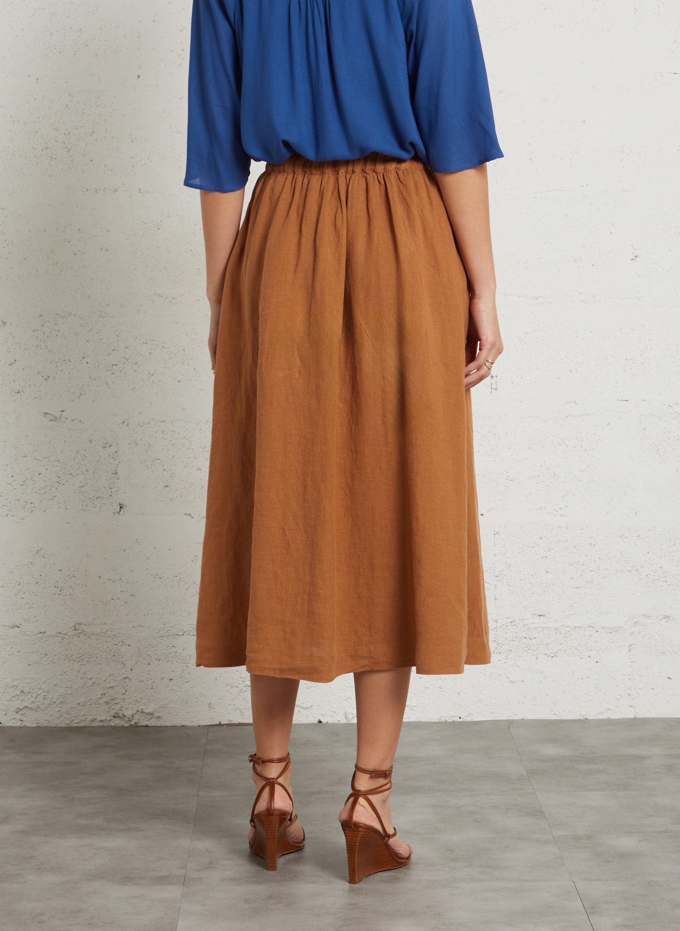 Jupe midi unie en lin brune MAISON 123 Marron