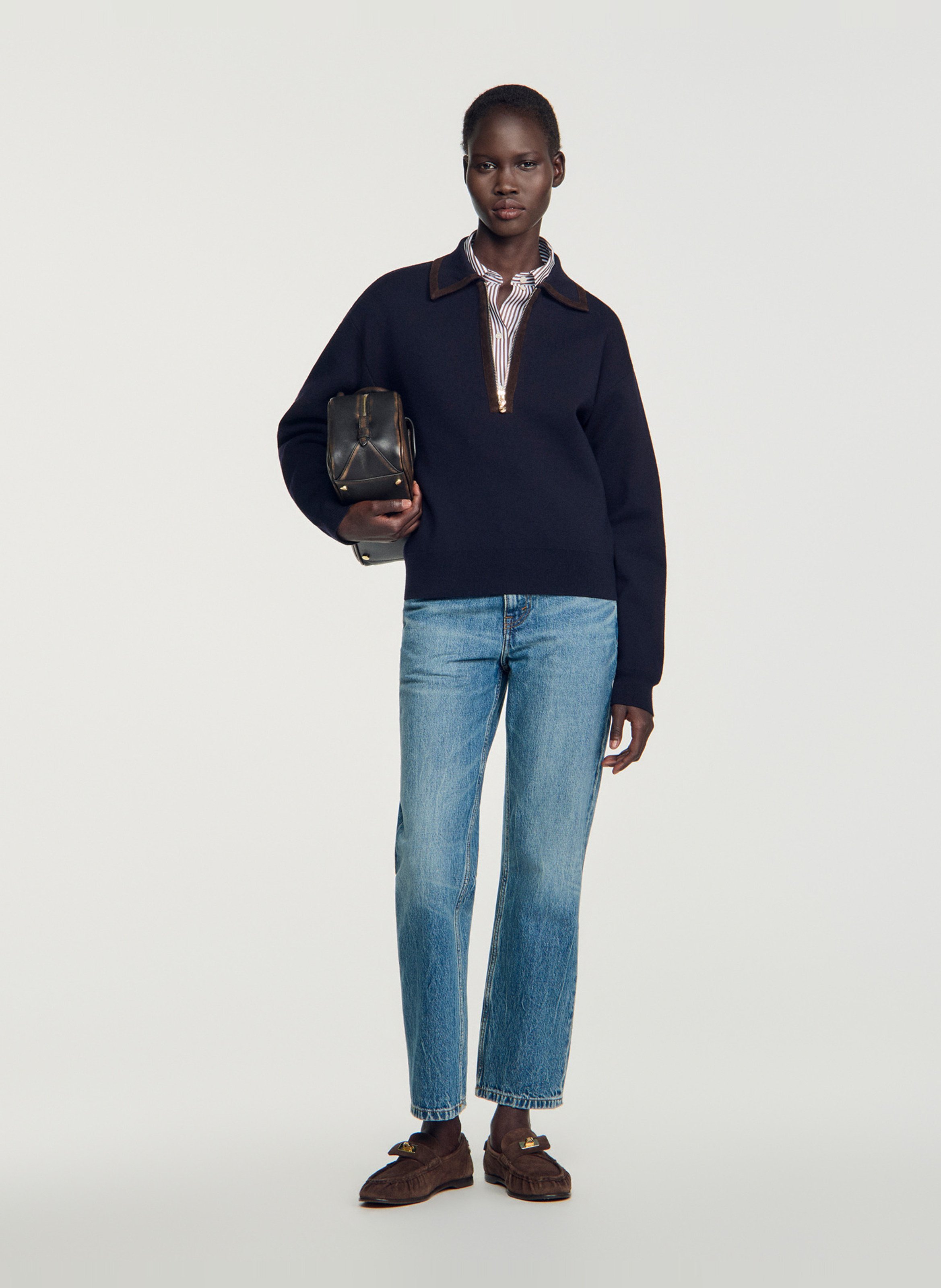 Pull col zippé uni en laine mélangée SANDRO Bleu