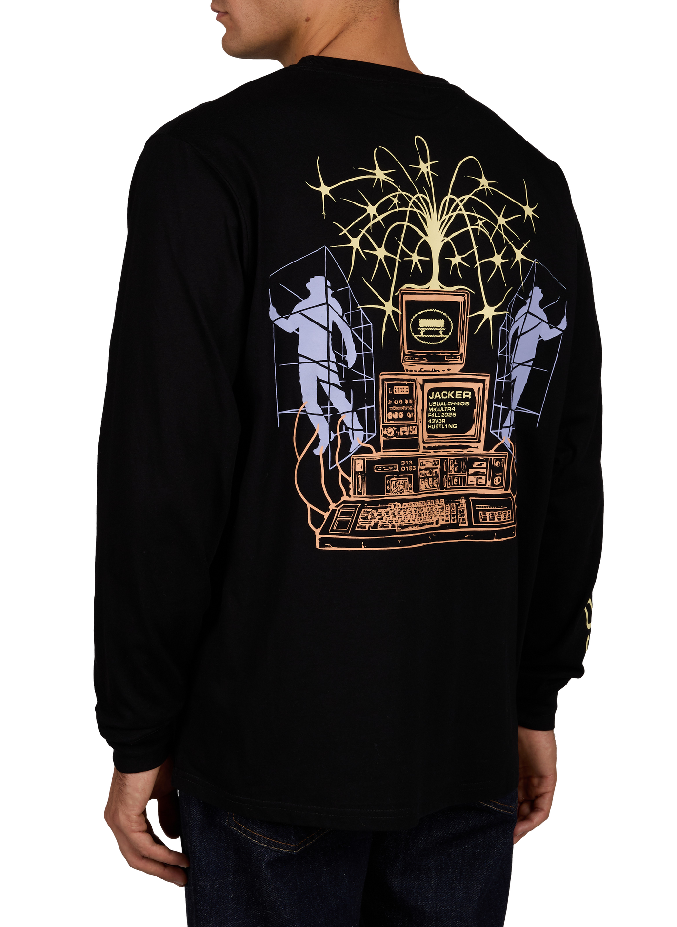 Straight-fit crew-neck T-shirt with screen print JACKER. Black