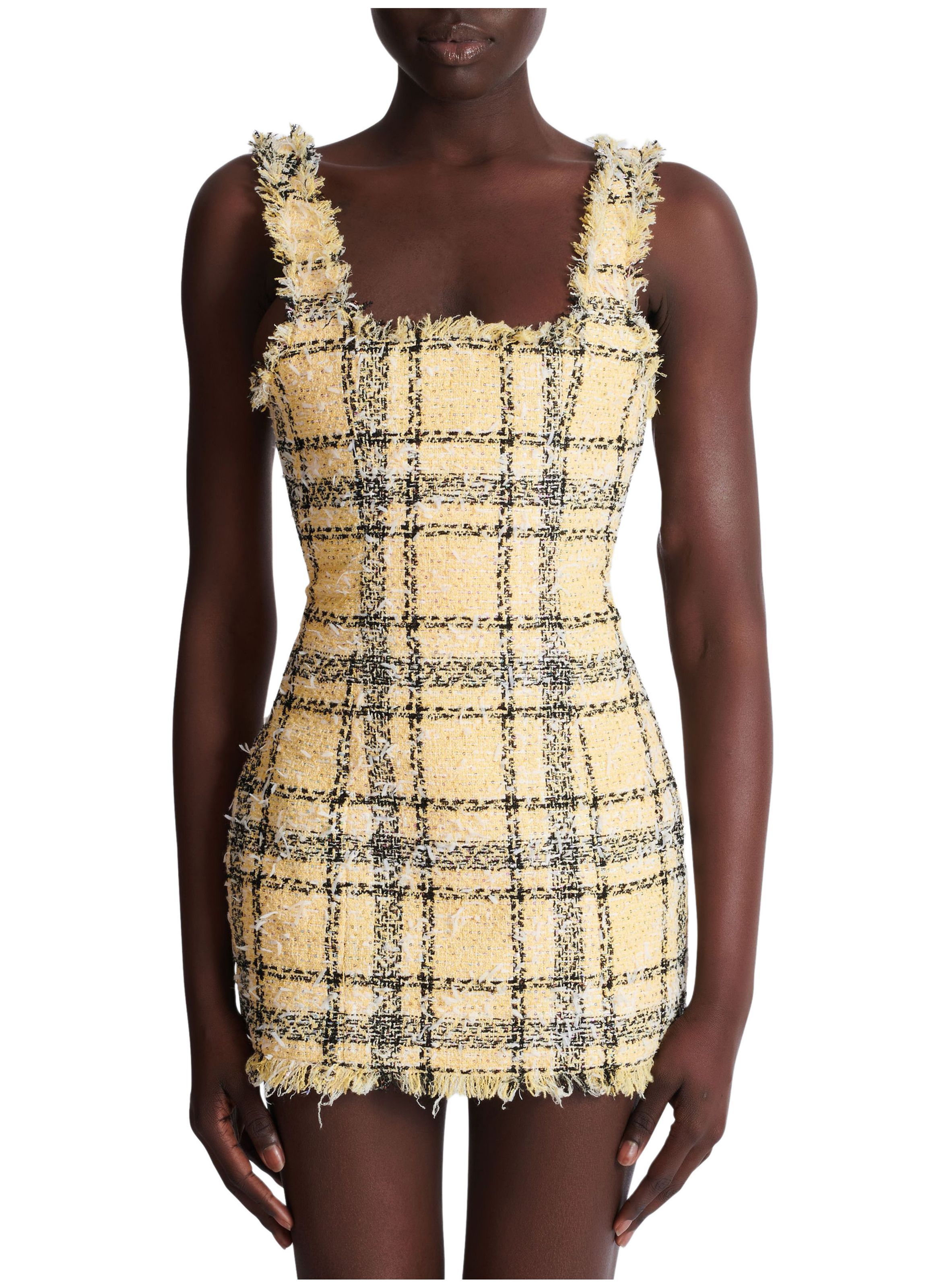 Robe courte en tweed à paillettes à fines bretelles BALMAIN Jaune