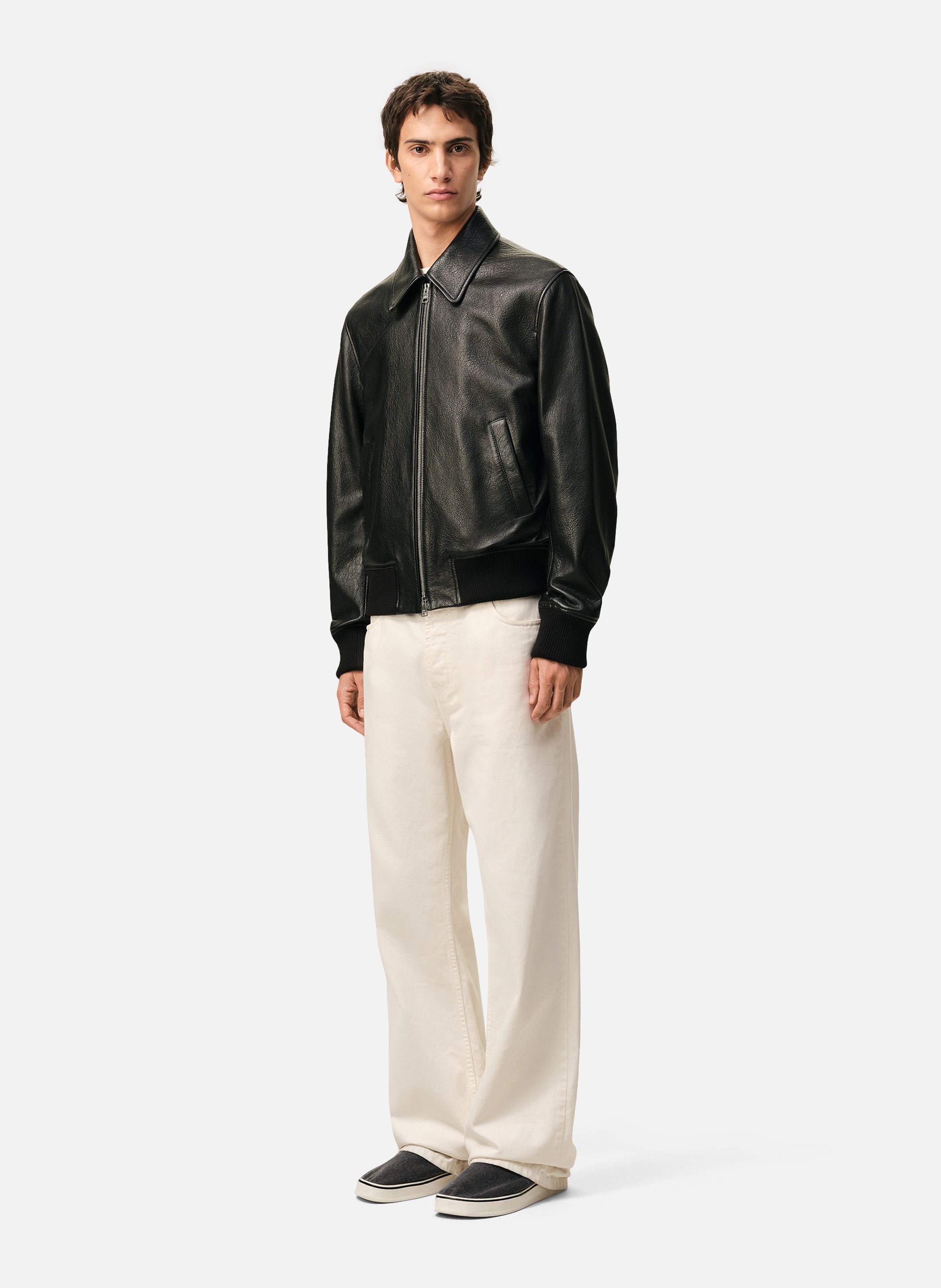 Veste zippée en cuir d'agneau AMI PARIS Noir