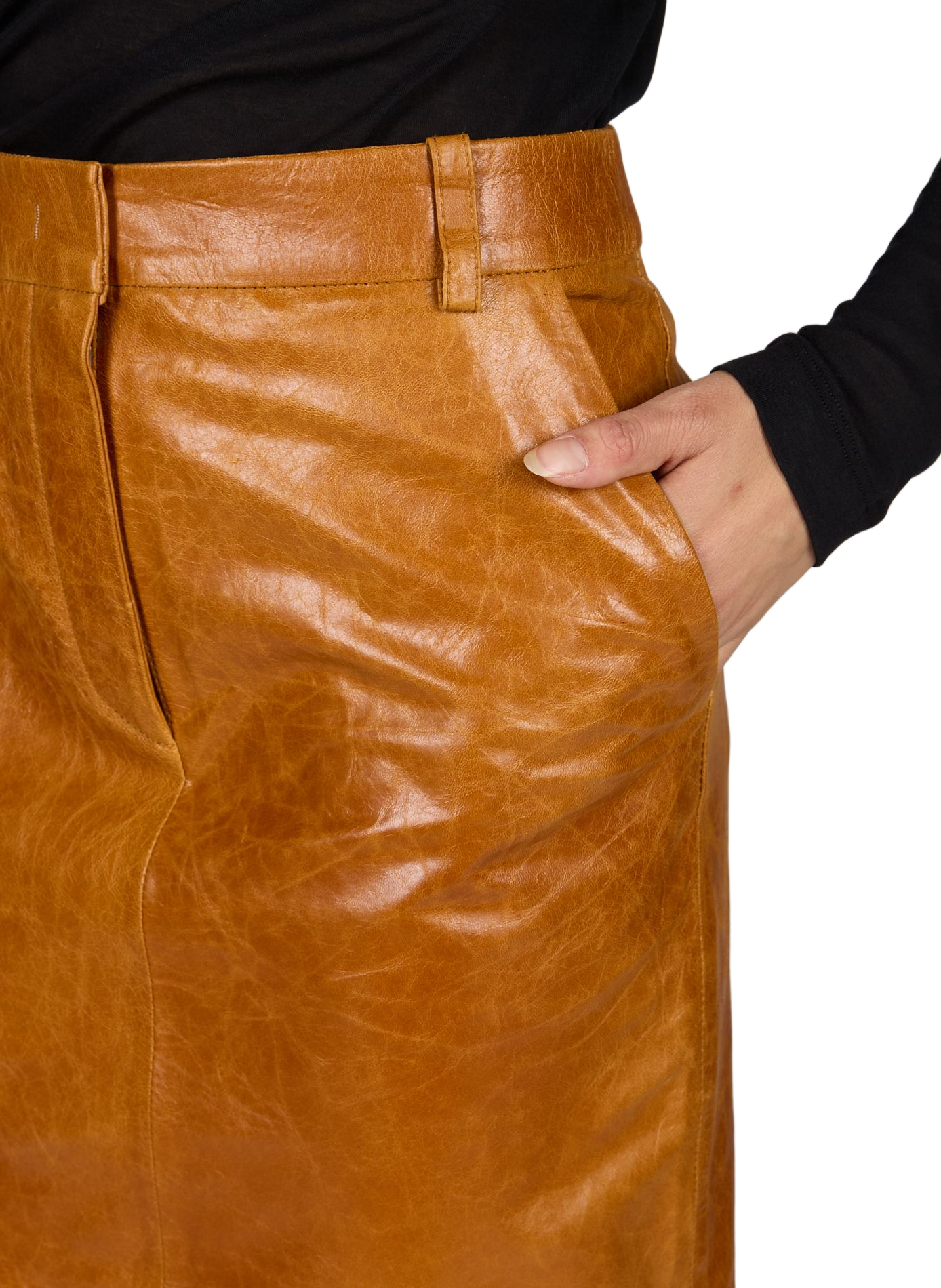 Jupe droite en cuir texturé CO Marron