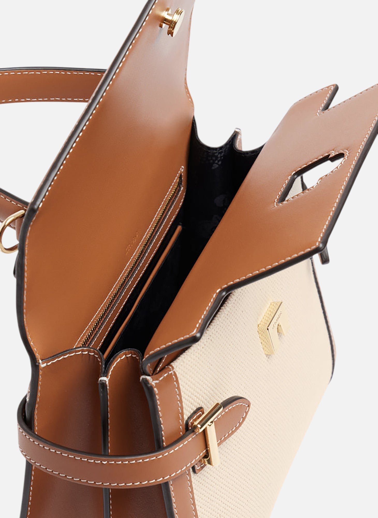 Sac à main double rabat moyen modèle emilie en toile coton et cuir lisse LE TANNEUR Marron