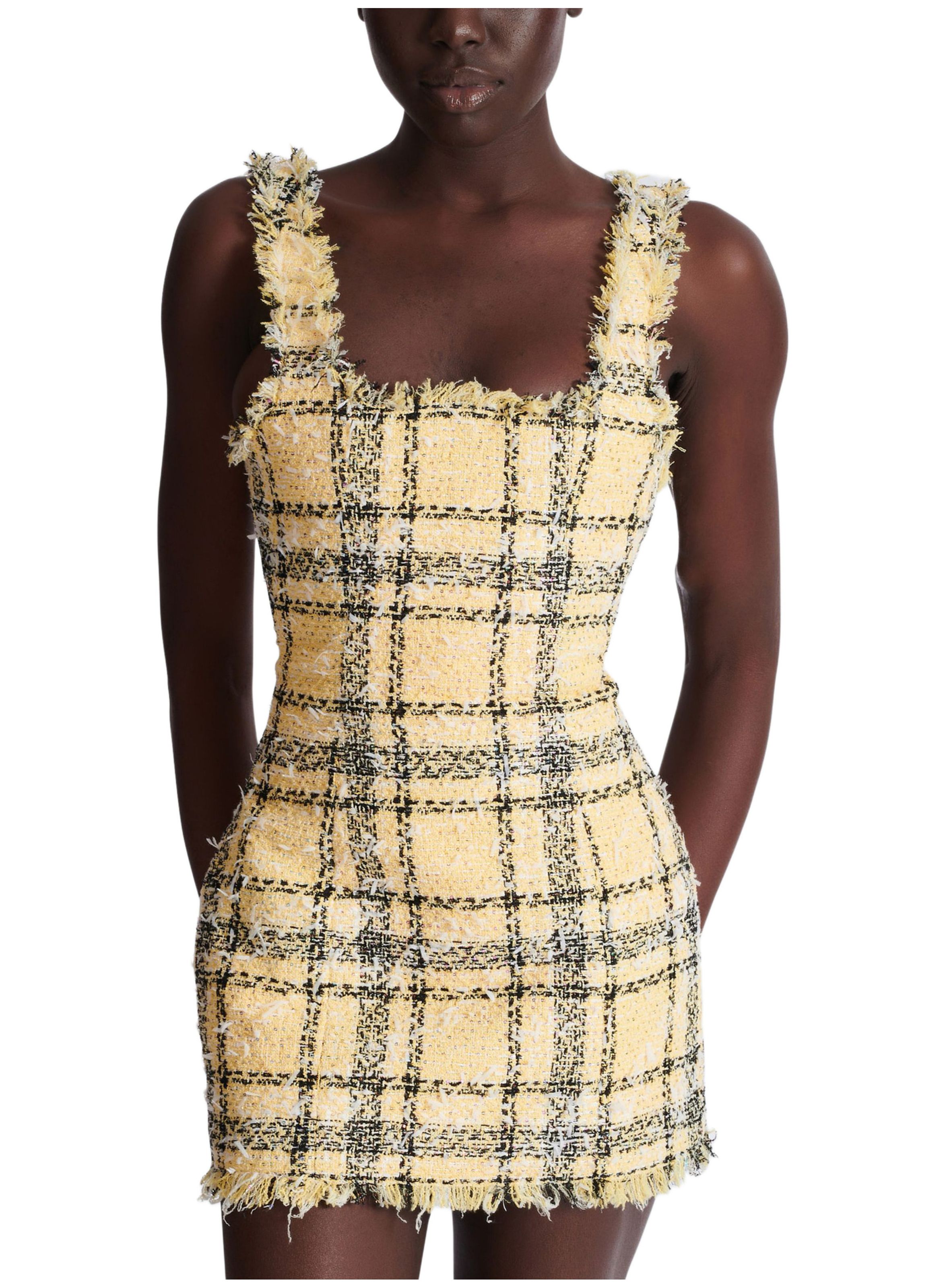 Robe courte en tweed à paillettes à fines bretelles BALMAIN Jaune