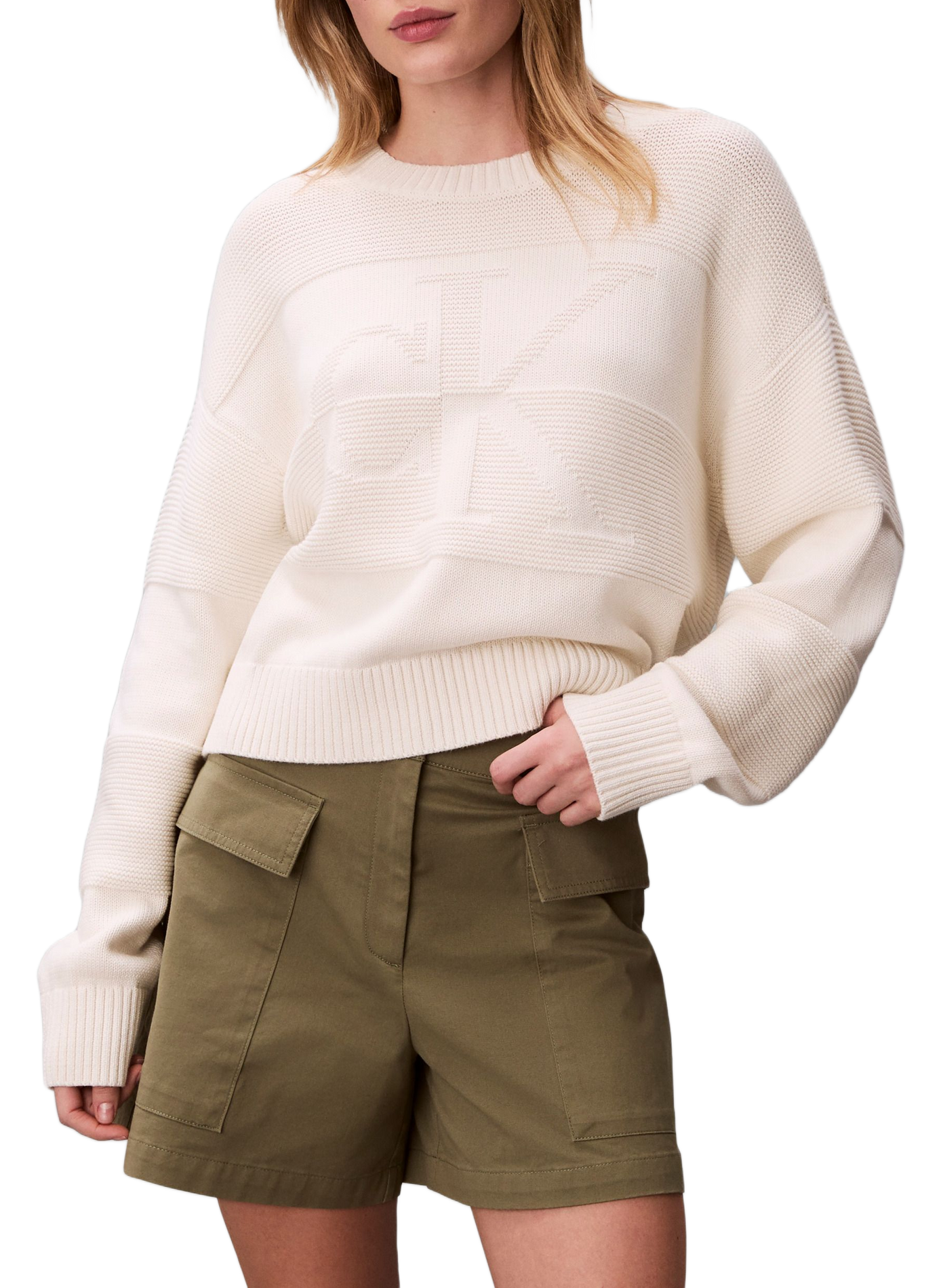 Pull côtelé à logo en coton CALVIN KLEIN Beige