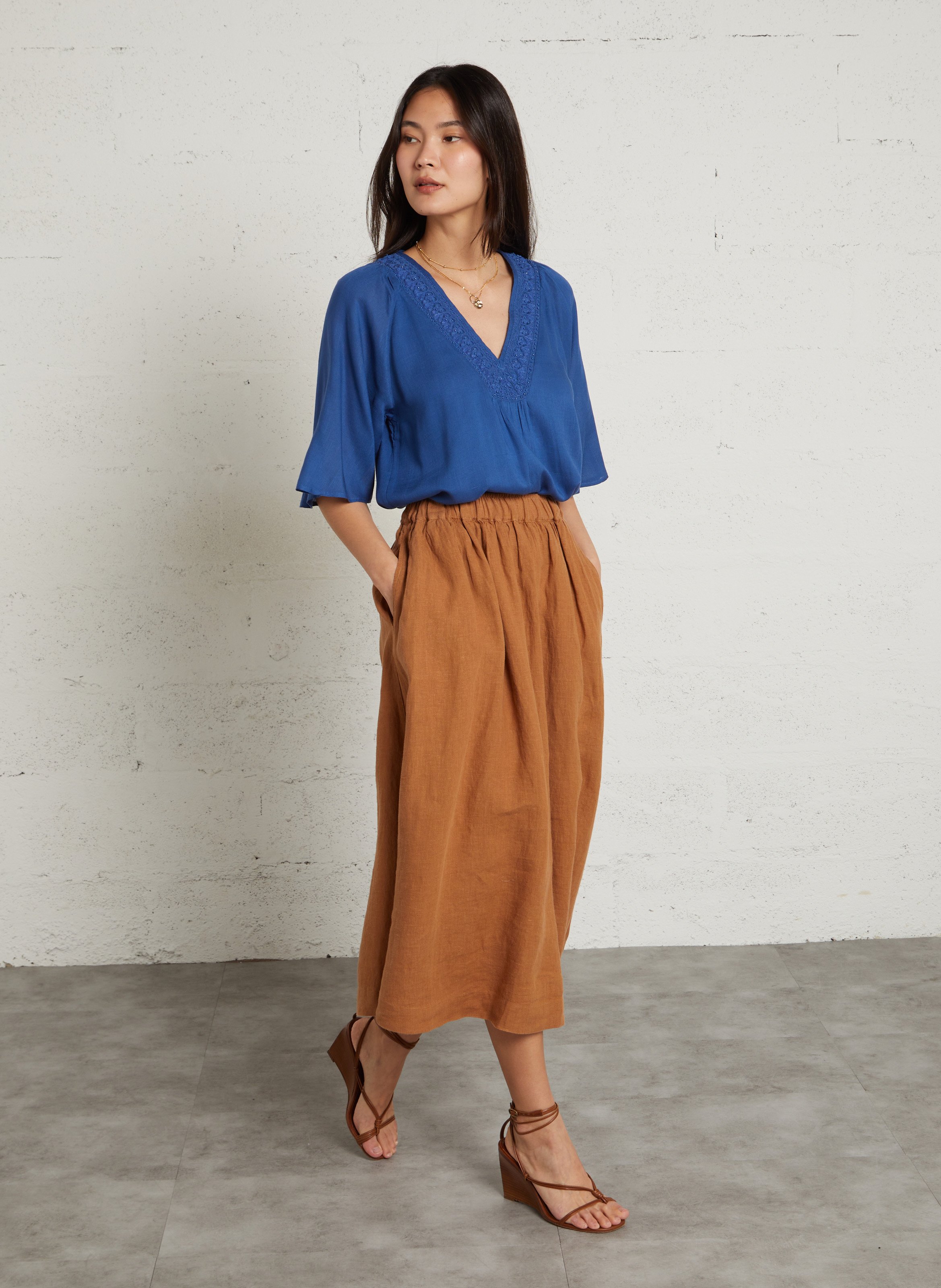 Jupe midi unie en lin brune MAISON 123 Marron