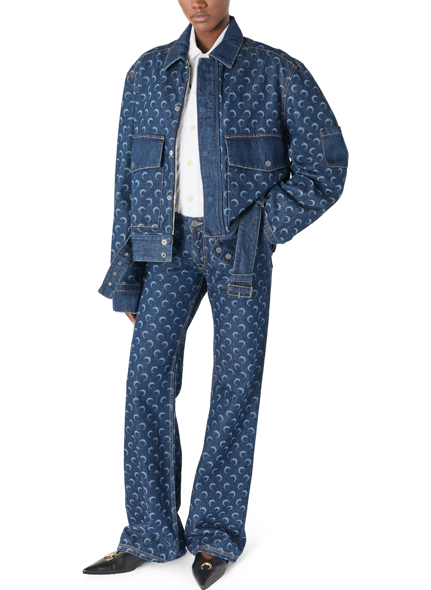 Veste trucker ceinturée en denim bleu nuit unisexe MARINE SERRE Blauw