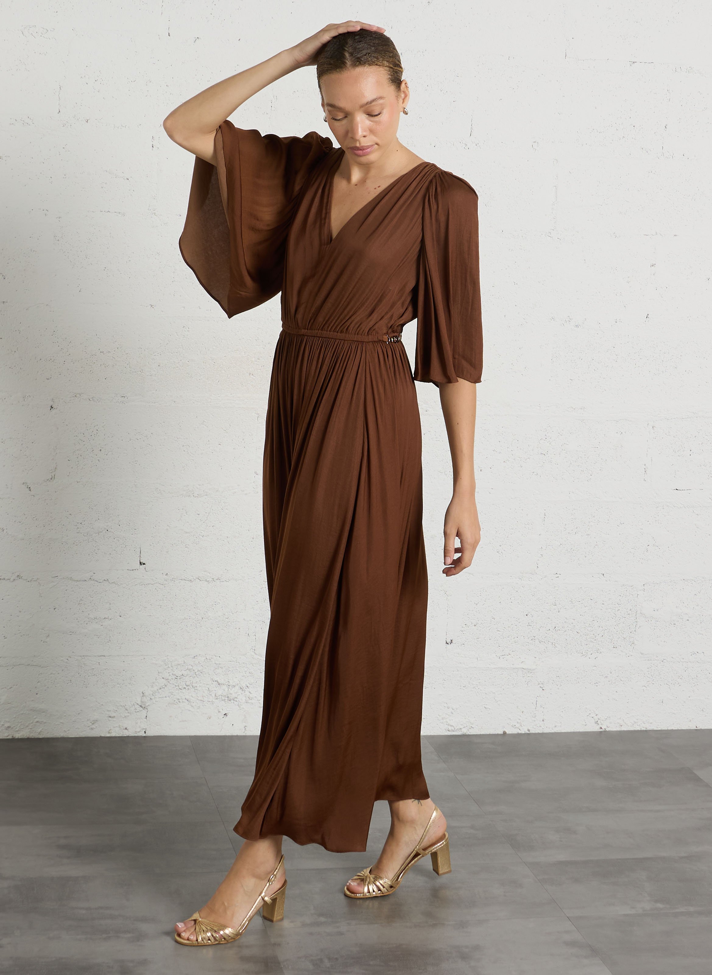 Robe longue col v unie perla MAISON 123 Beige