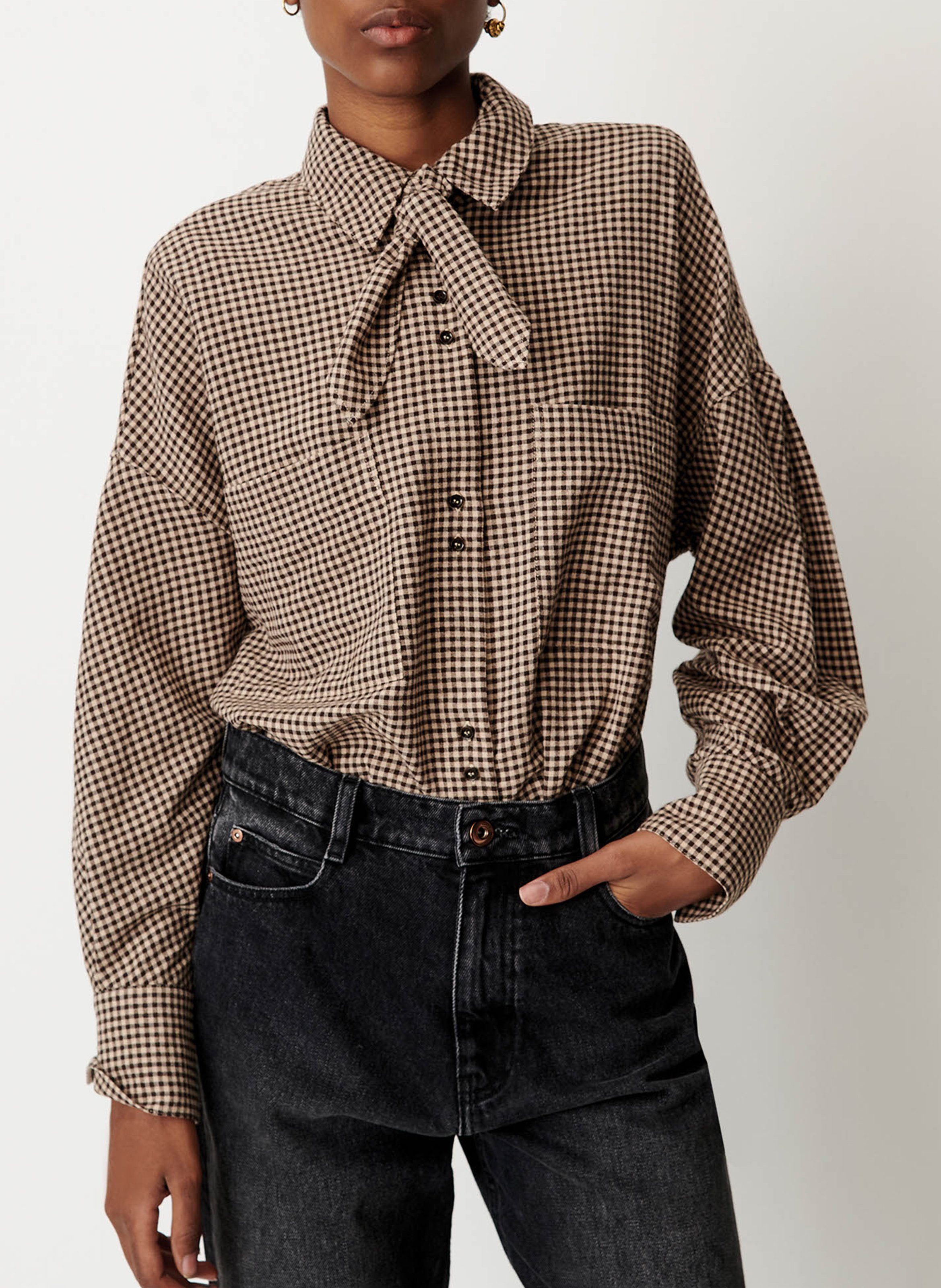 Chemise droite col classique à carreaux avec noeud cecily SESSUN Beige