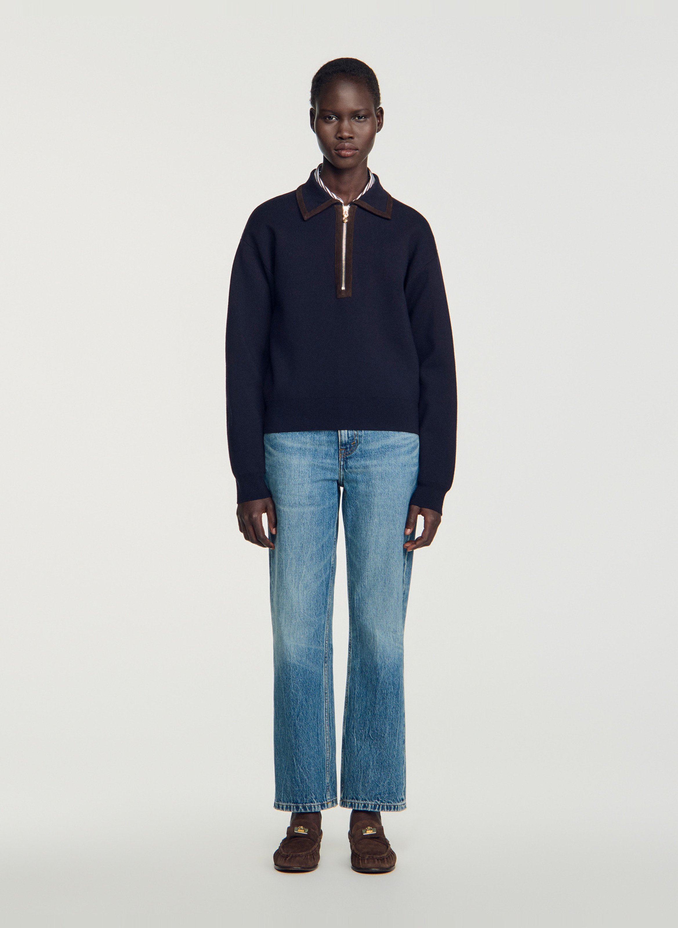 Pull col zippé uni en laine mélangée SANDRO Bleu