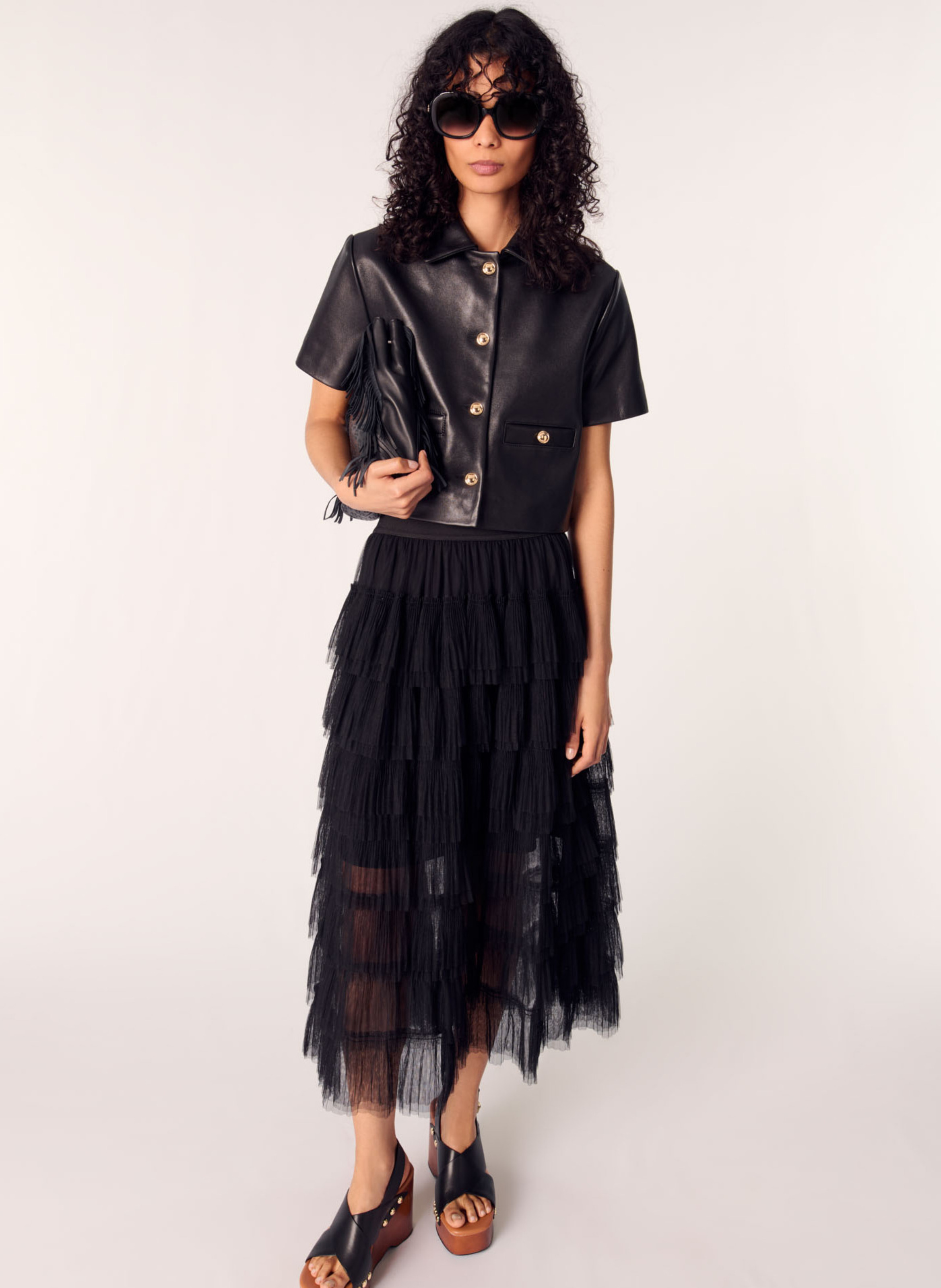 Veste droite en cuir MAJE Noir