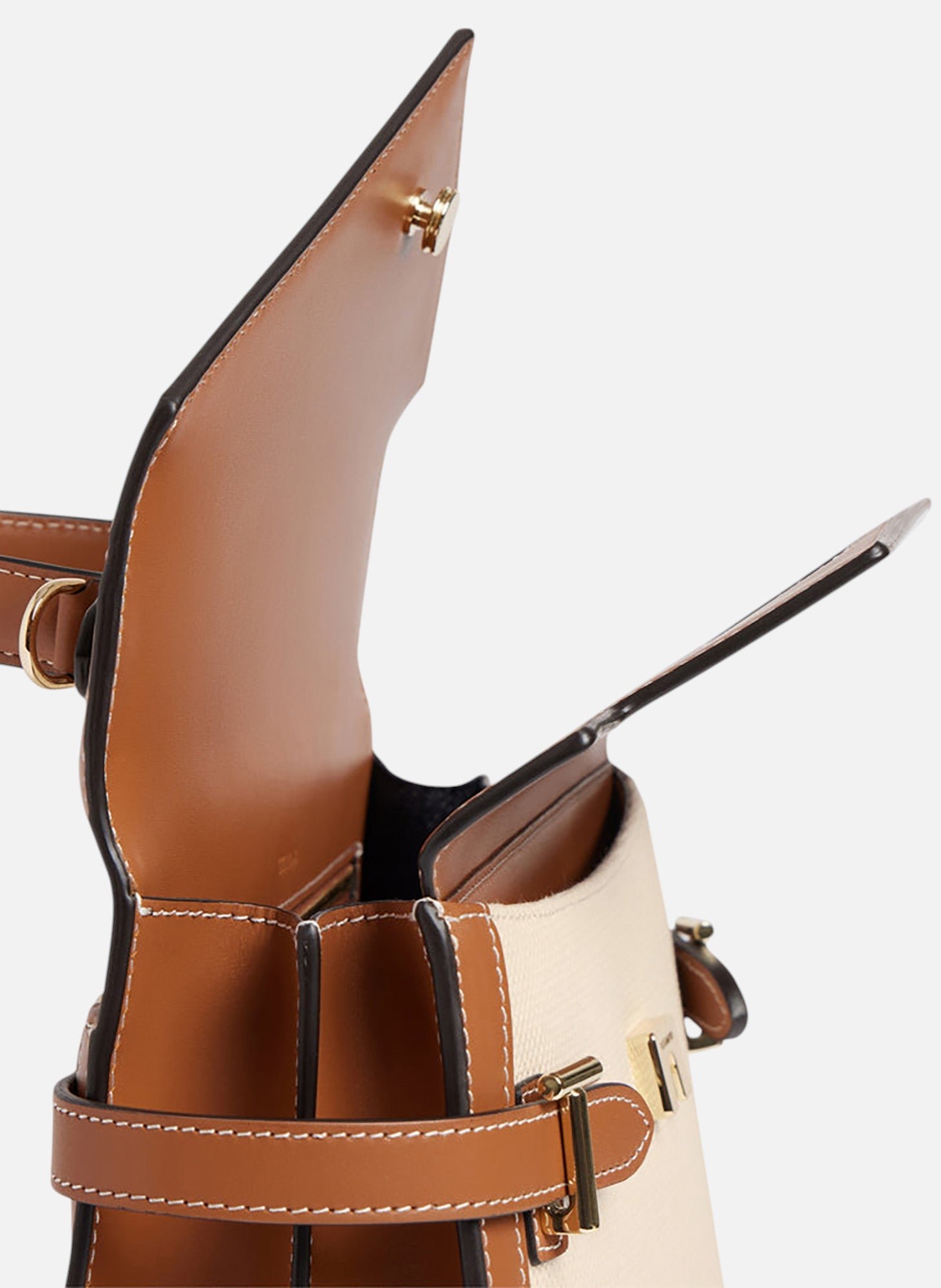 Sac à main double rabat moyen modèle emilie en toile coton et cuir lisse LE TANNEUR Marron