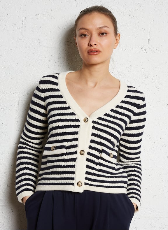 Gilet droit rayé en coton mélangé sofia Bleu by MAISON 123 MAISON 123 Gilet droit rayé en coton mélangé sofia Bleu