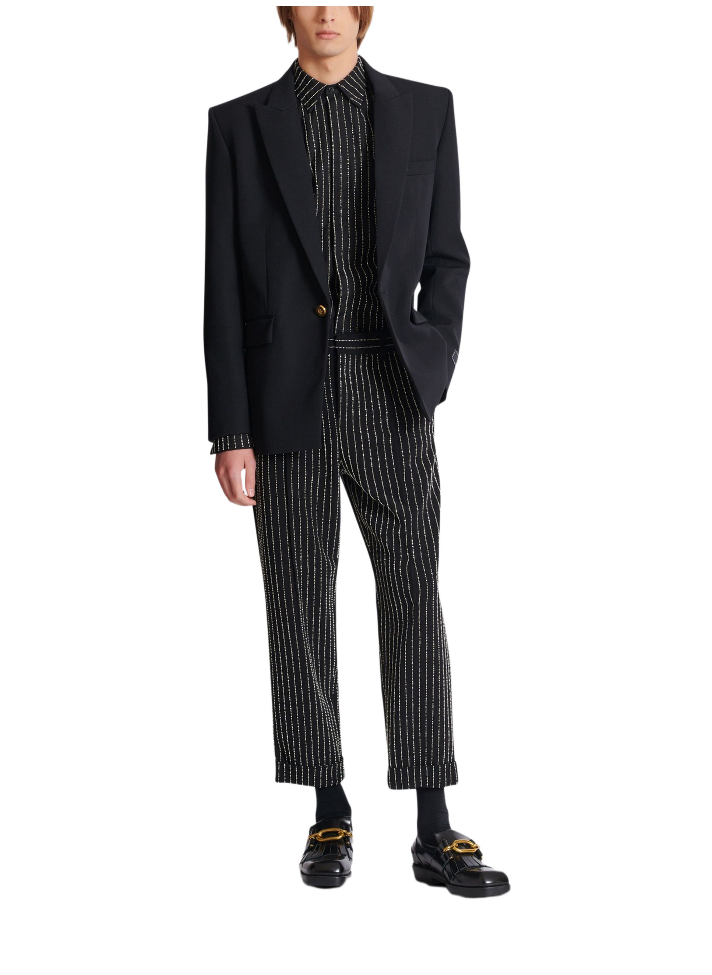 Chemise en coton à rayures avec crystal BALMAIN Noir