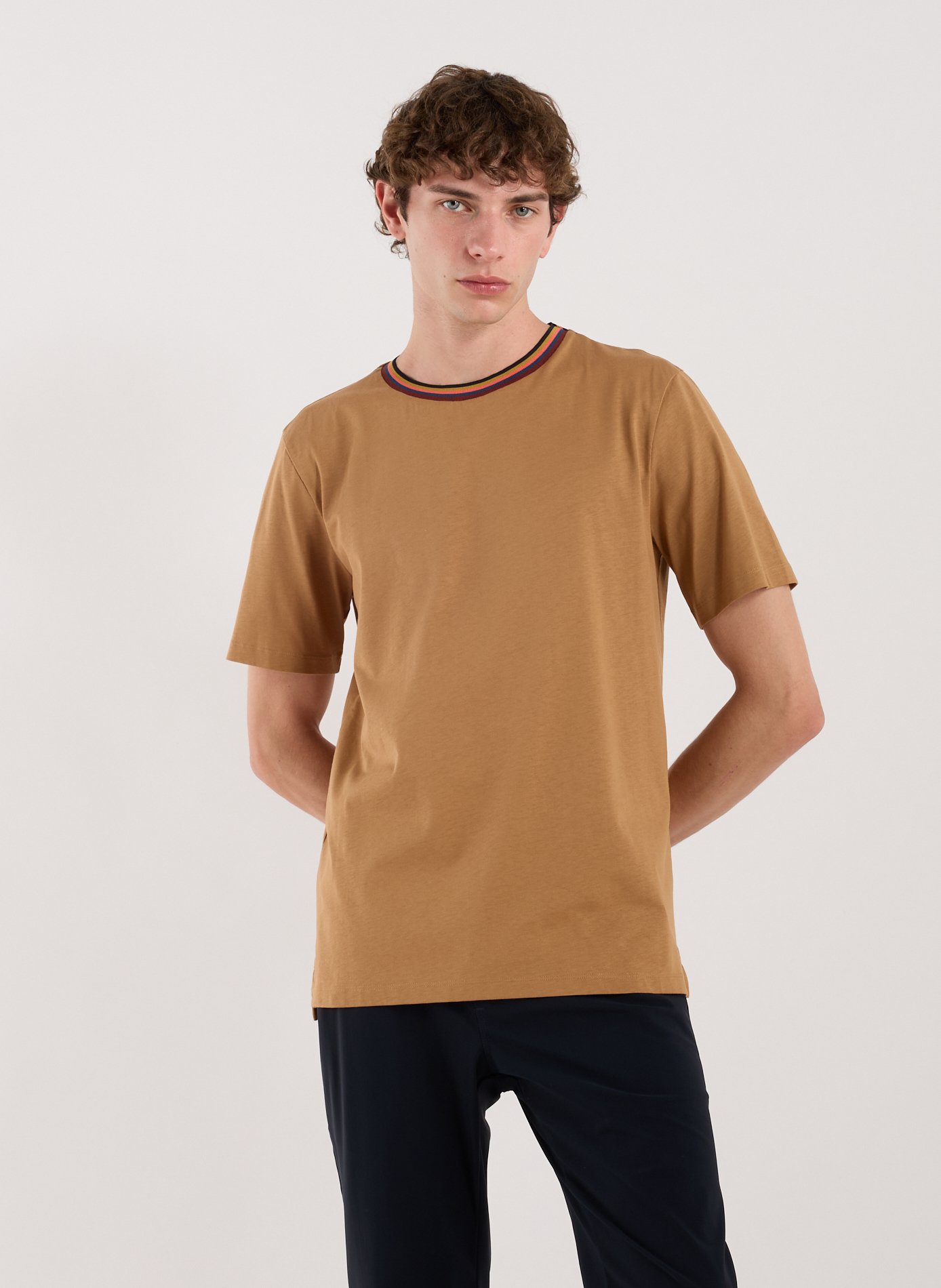 PAUL SMITH T-shirt with coloured stripes on the collar Brown