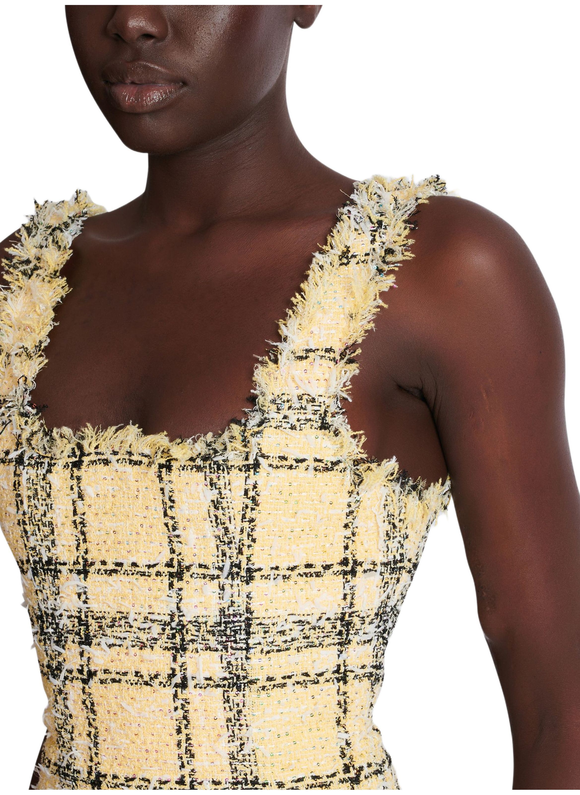 Robe courte en tweed à paillettes à fines bretelles BALMAIN Jaune