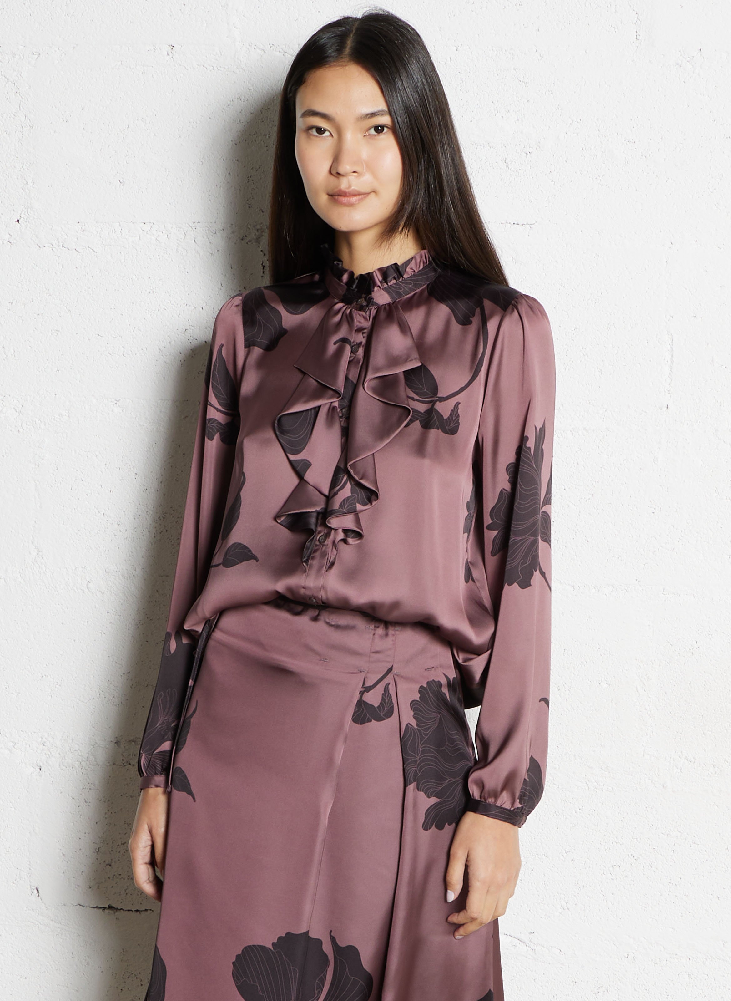 Chemise ample à jabot imprimé floral IKKS Marron