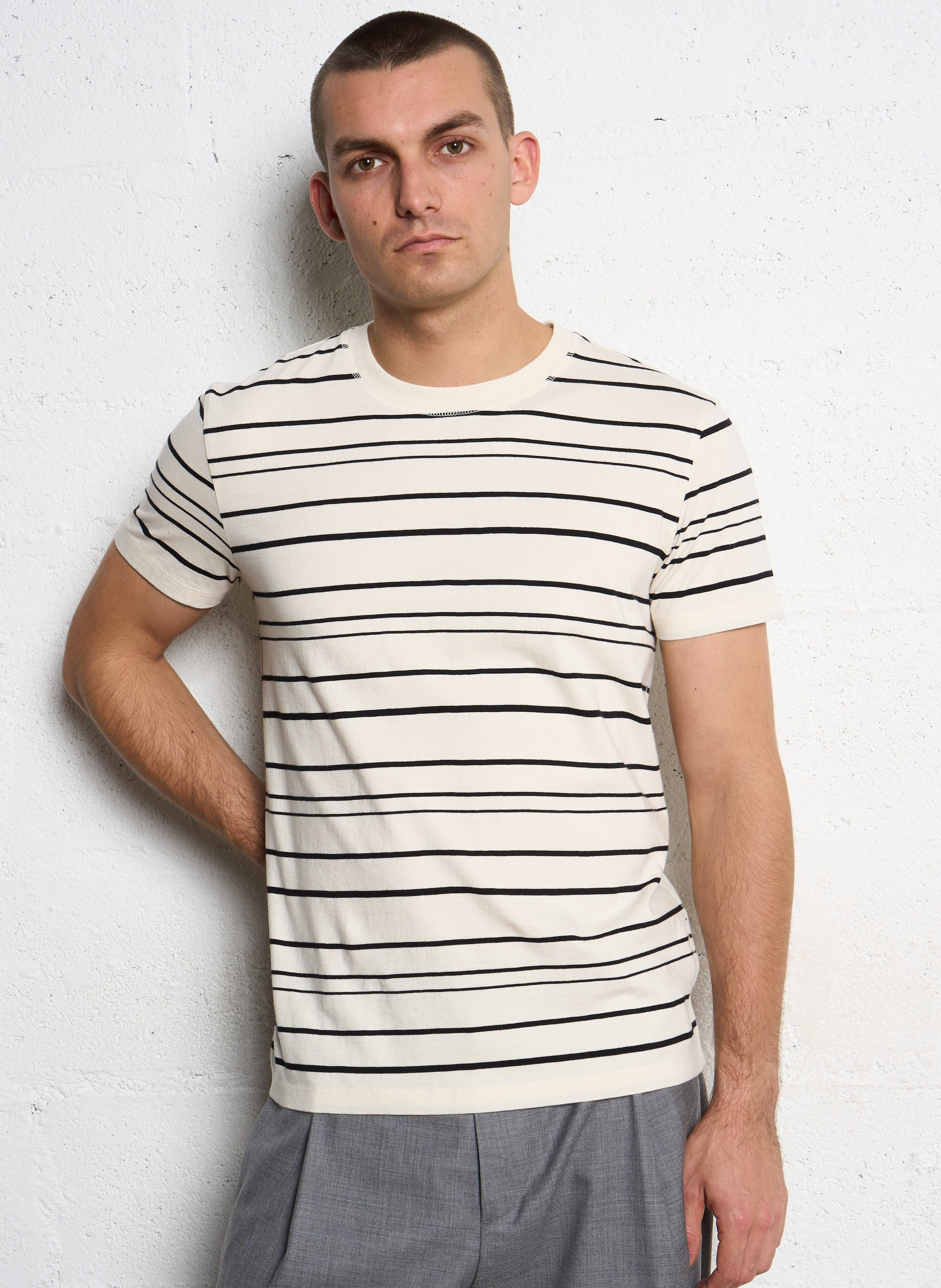Tee-shirt droit col rond rayé en coton IKKS Blanc