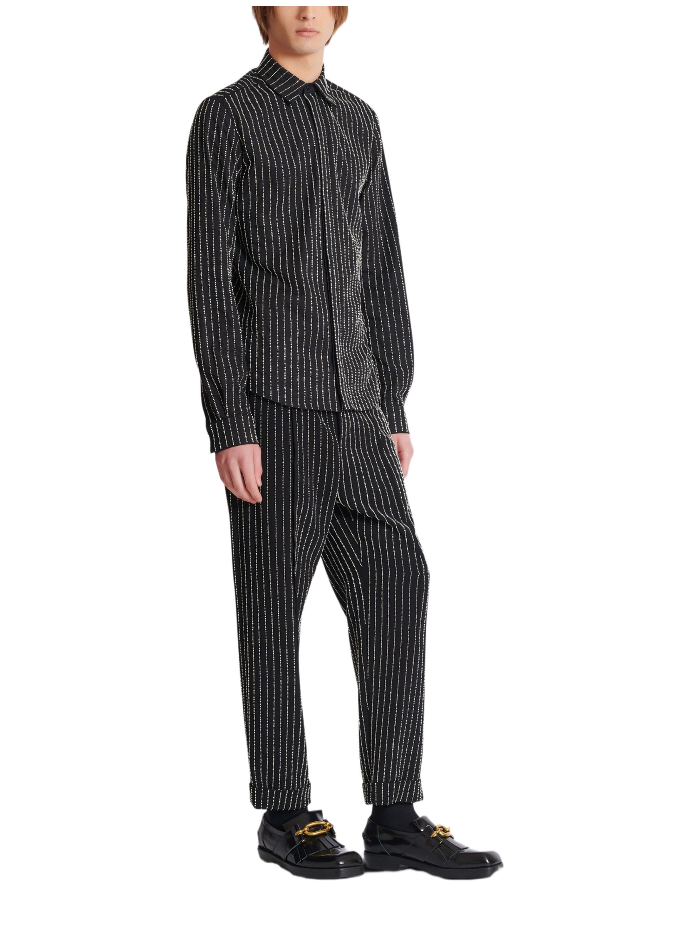 Chemise en coton à rayures avec crystal BALMAIN Noir