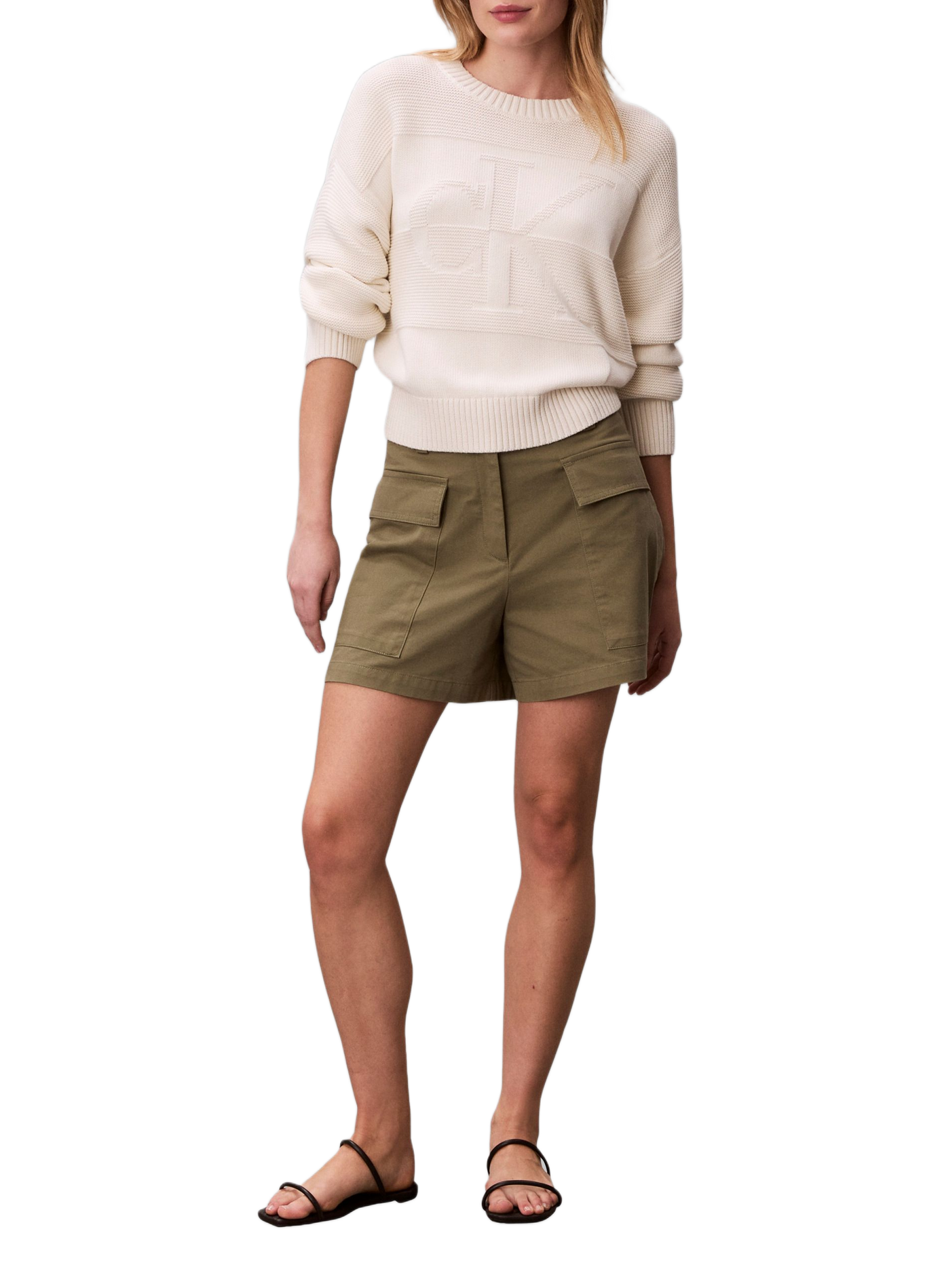 Pull côtelé à logo en coton CALVIN KLEIN Beige
