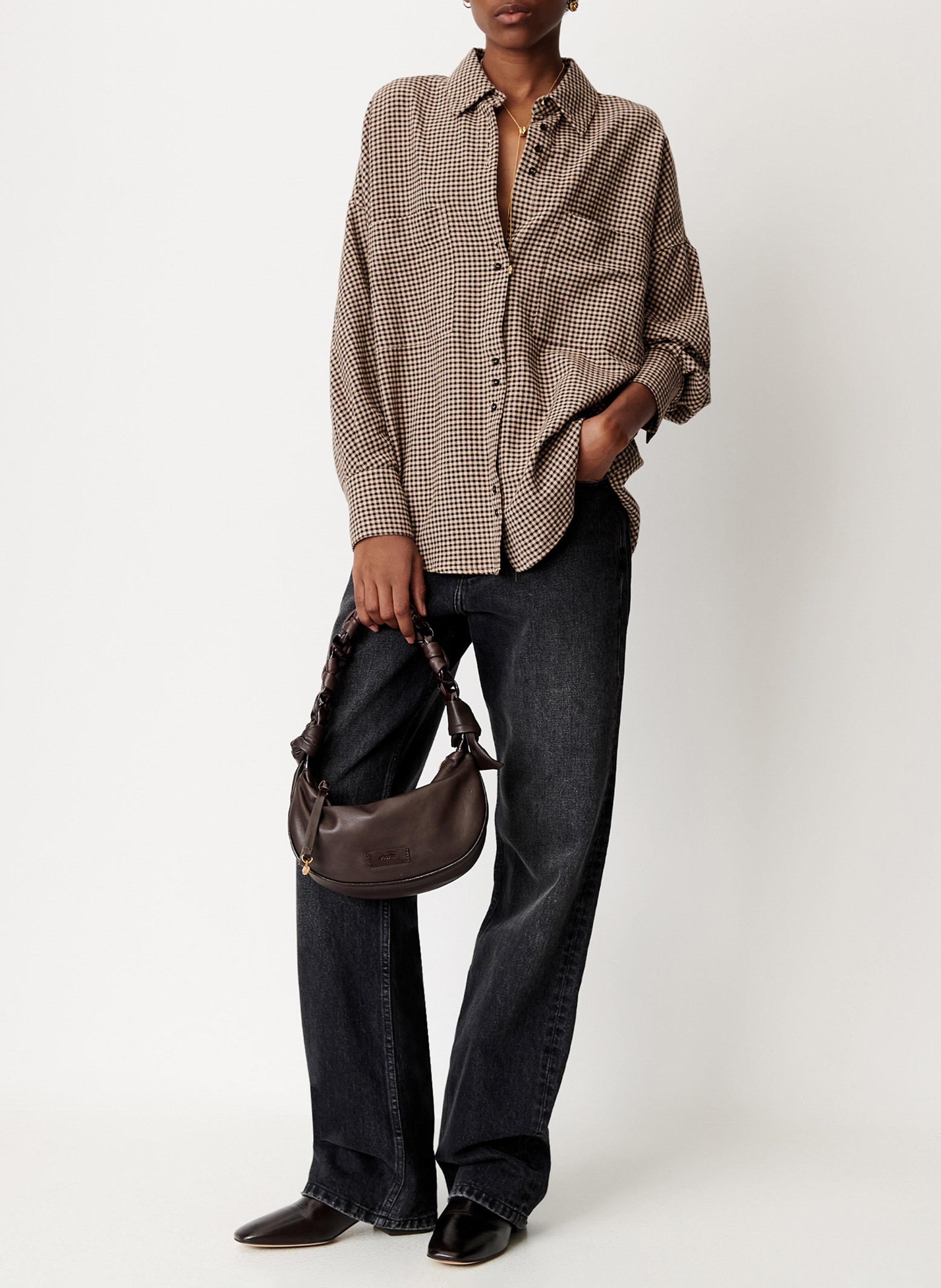 Chemise droite col classique à carreaux avec noeud cecily SESSUN Beige