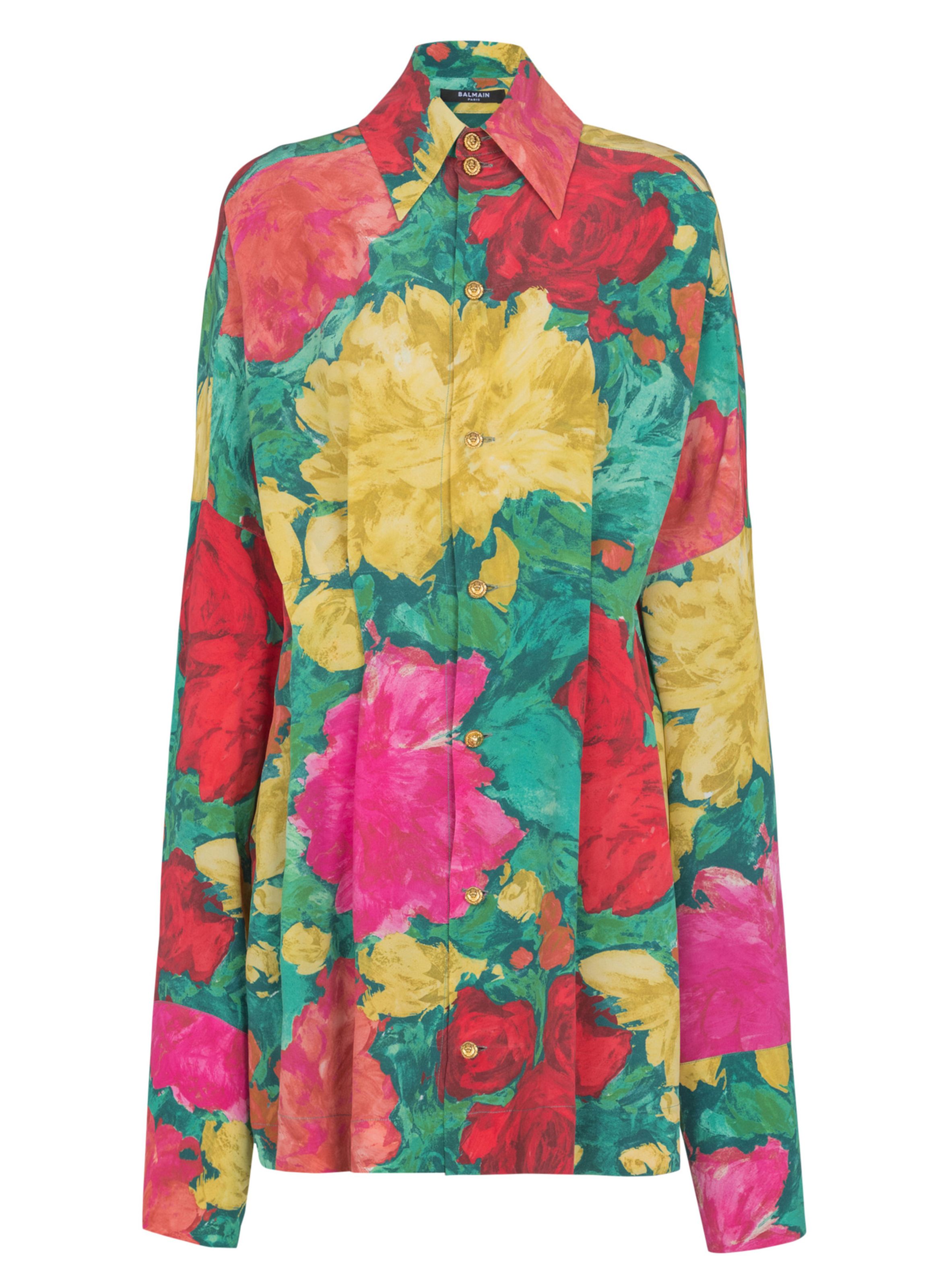 BALMAIN Robe-chemise en crêpe à imprimé roses Multicolore