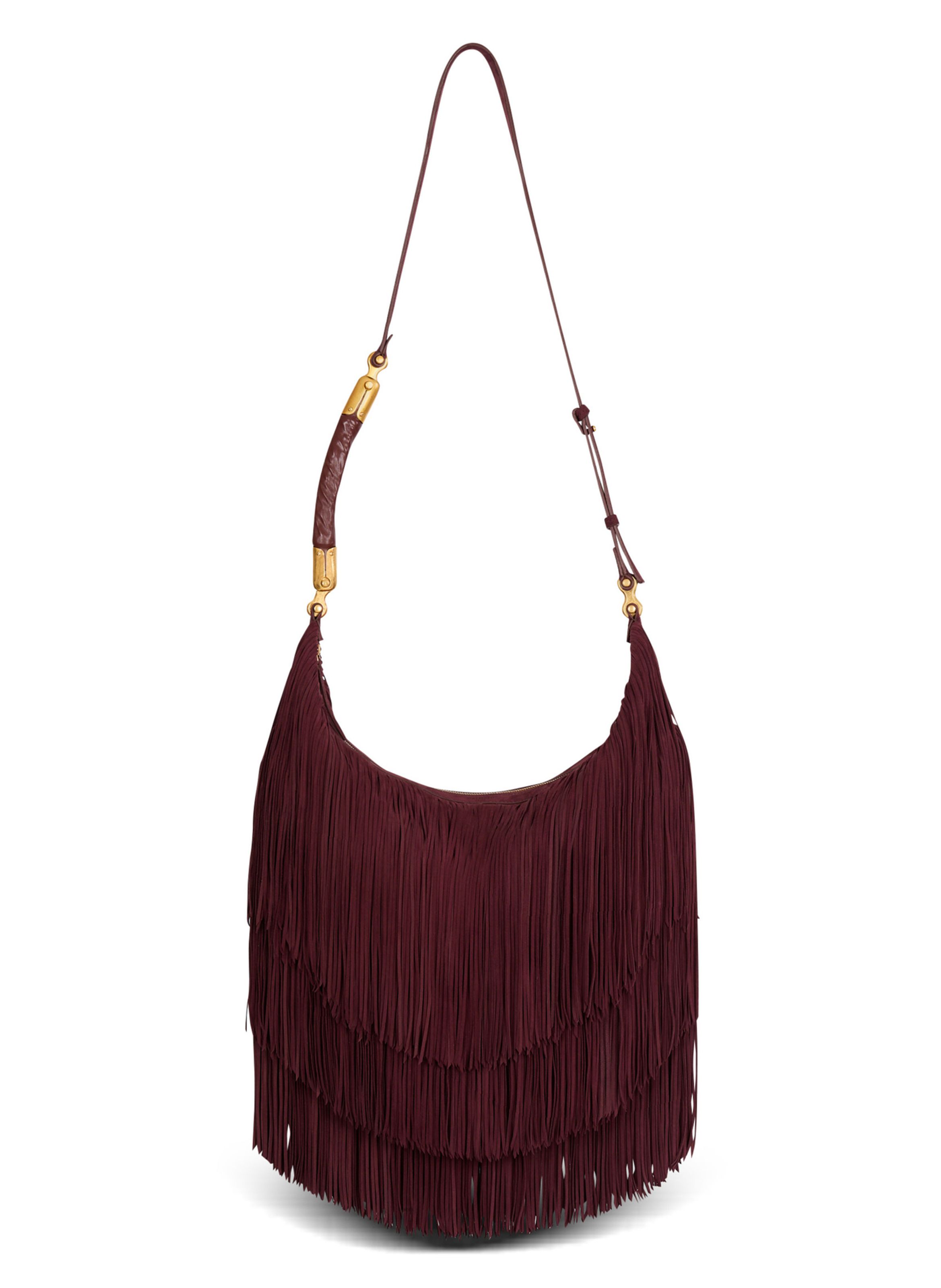 Sac ébène hobo large en cuir suédé à franges BALMAIN Marron