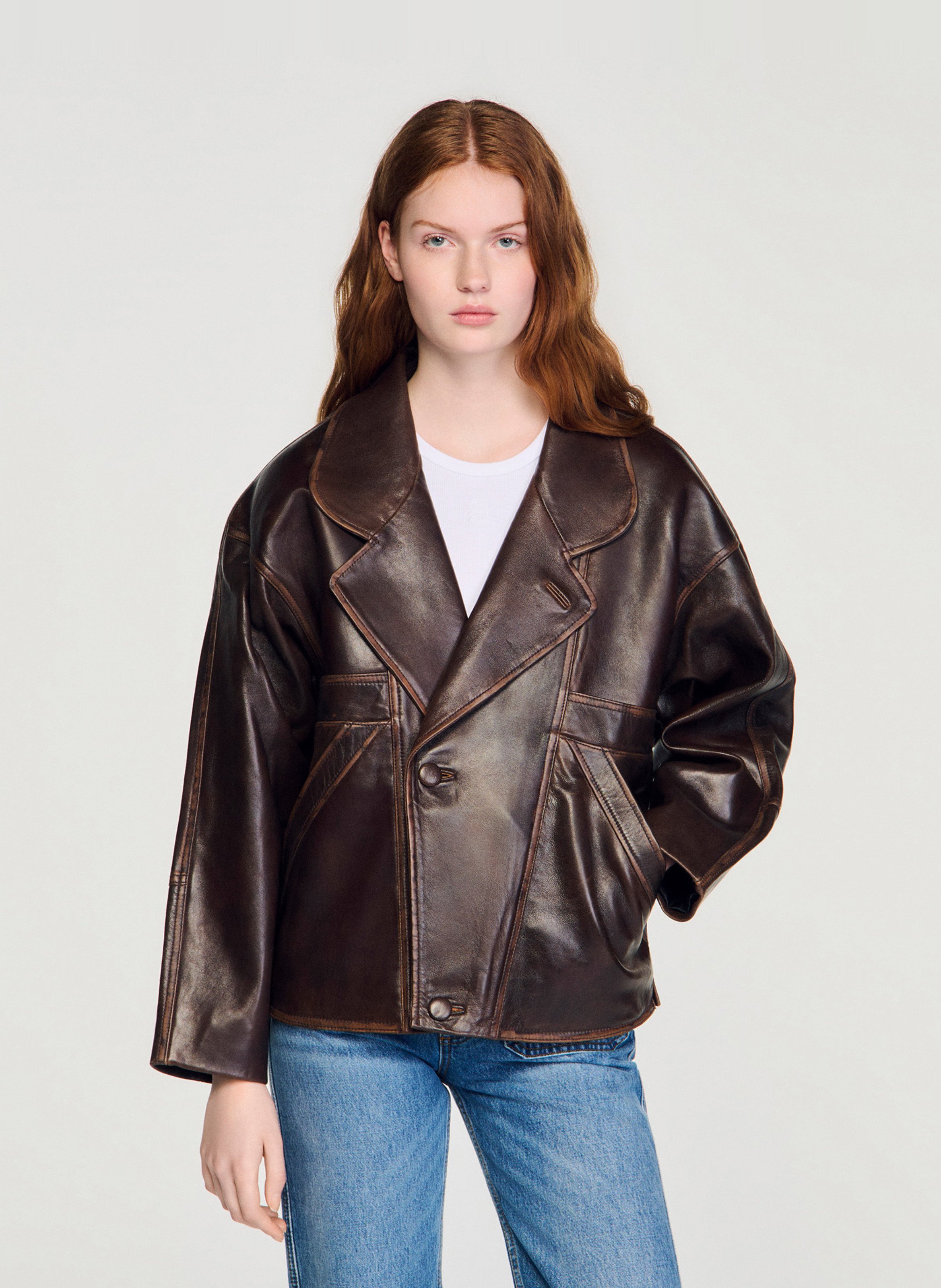 Veste col tailleur en cuir SANDRO Marron