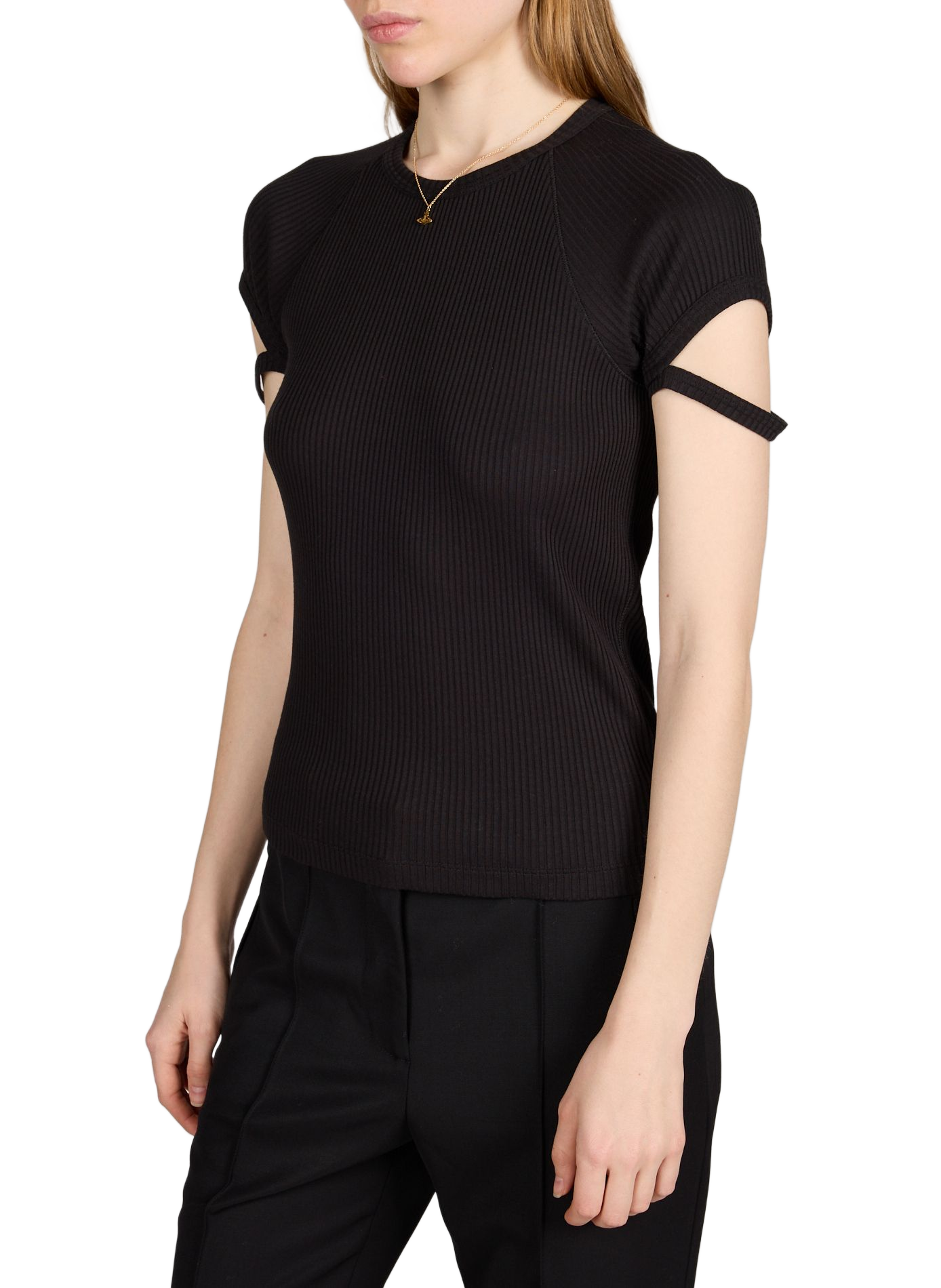 T-shirt côtelé à manches à découpe en coton mélangé HELMUT LANG Noir