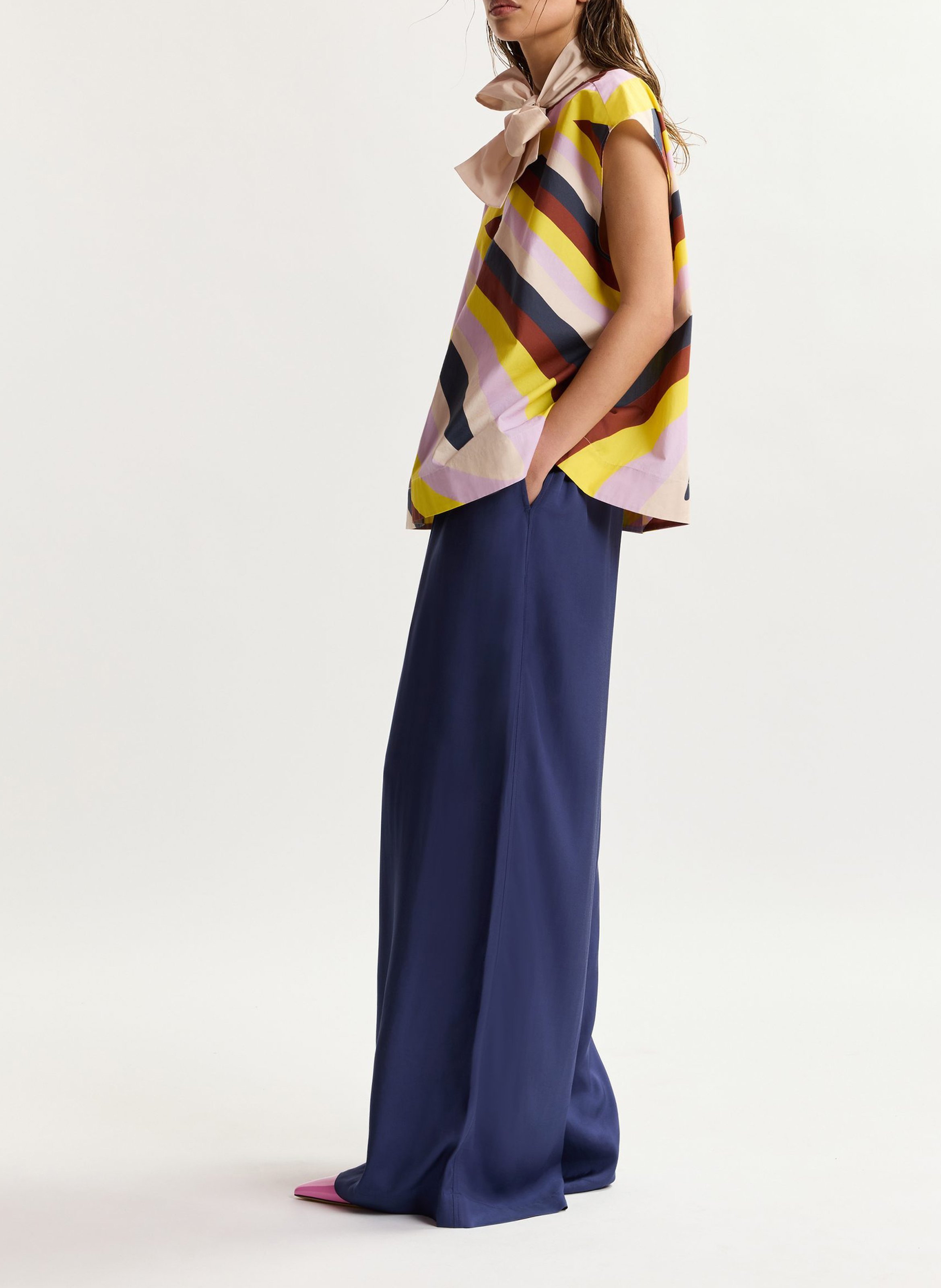 Pantalon taille haute large uni jargate Bleu