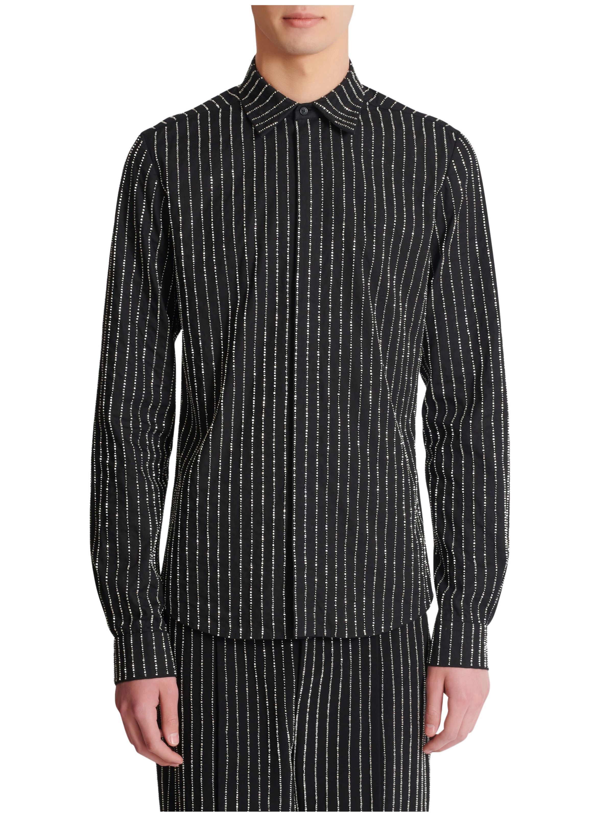 Chemise en coton à rayures avec crystal BALMAIN Noir