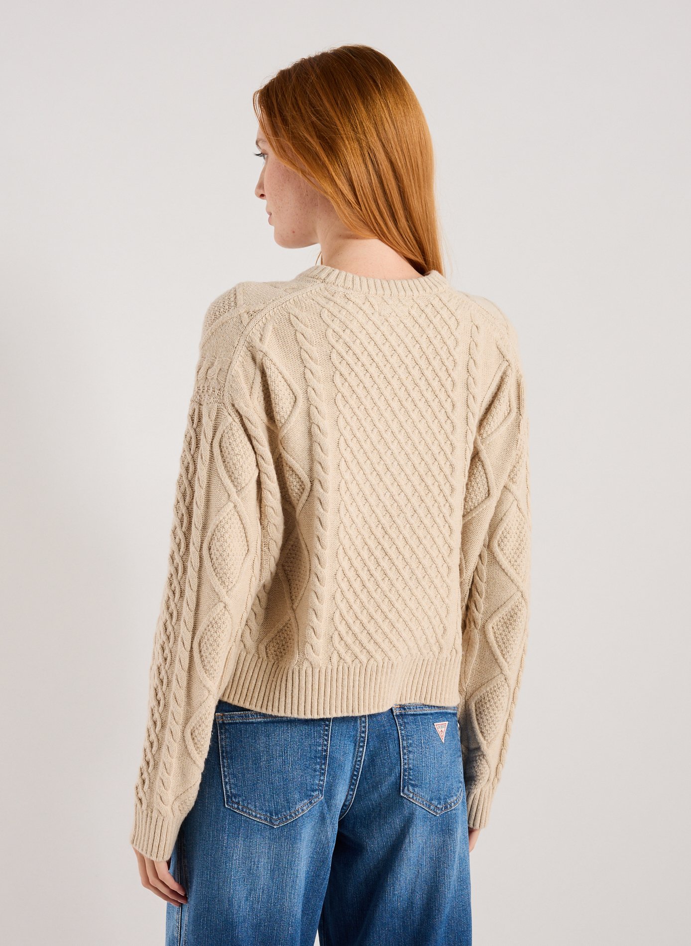 Pull col rond en coton et laine mélangés GUESS Beige