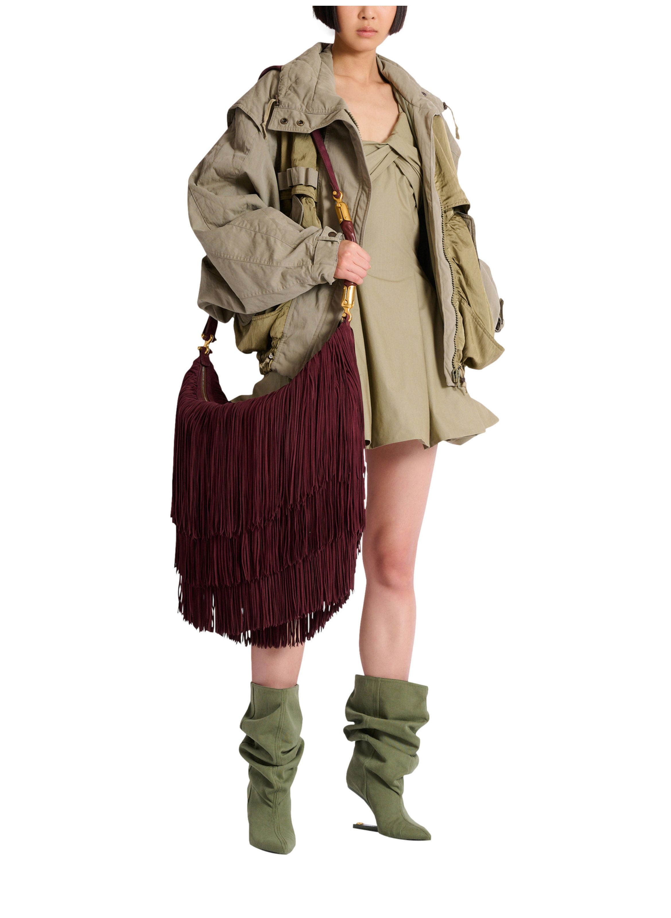 Sac ébène hobo large en cuir suédé à franges BALMAIN Marron