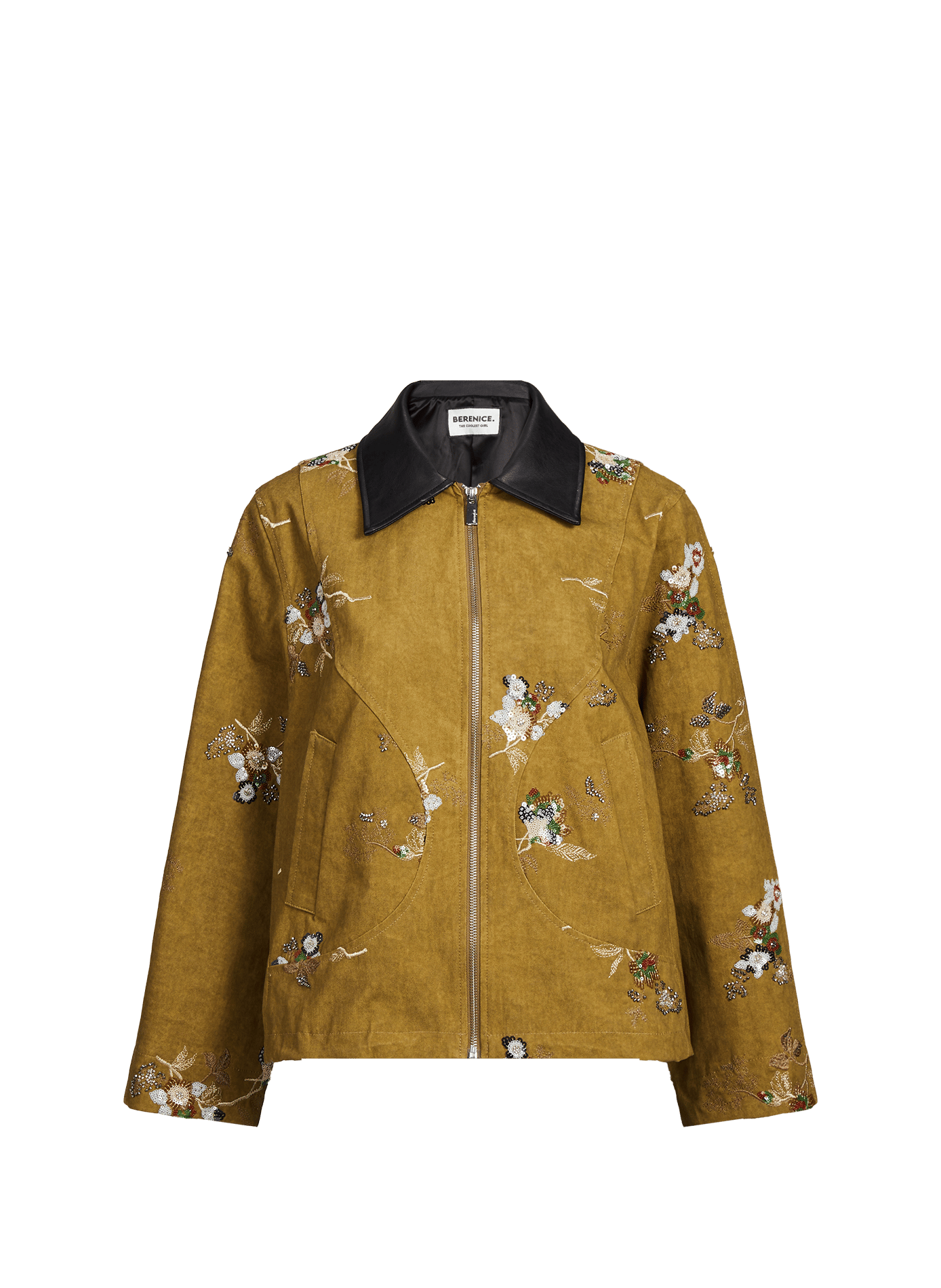 Short jacket with contrast collar and embroidered pearl motif in cotton BERENICE Khaki