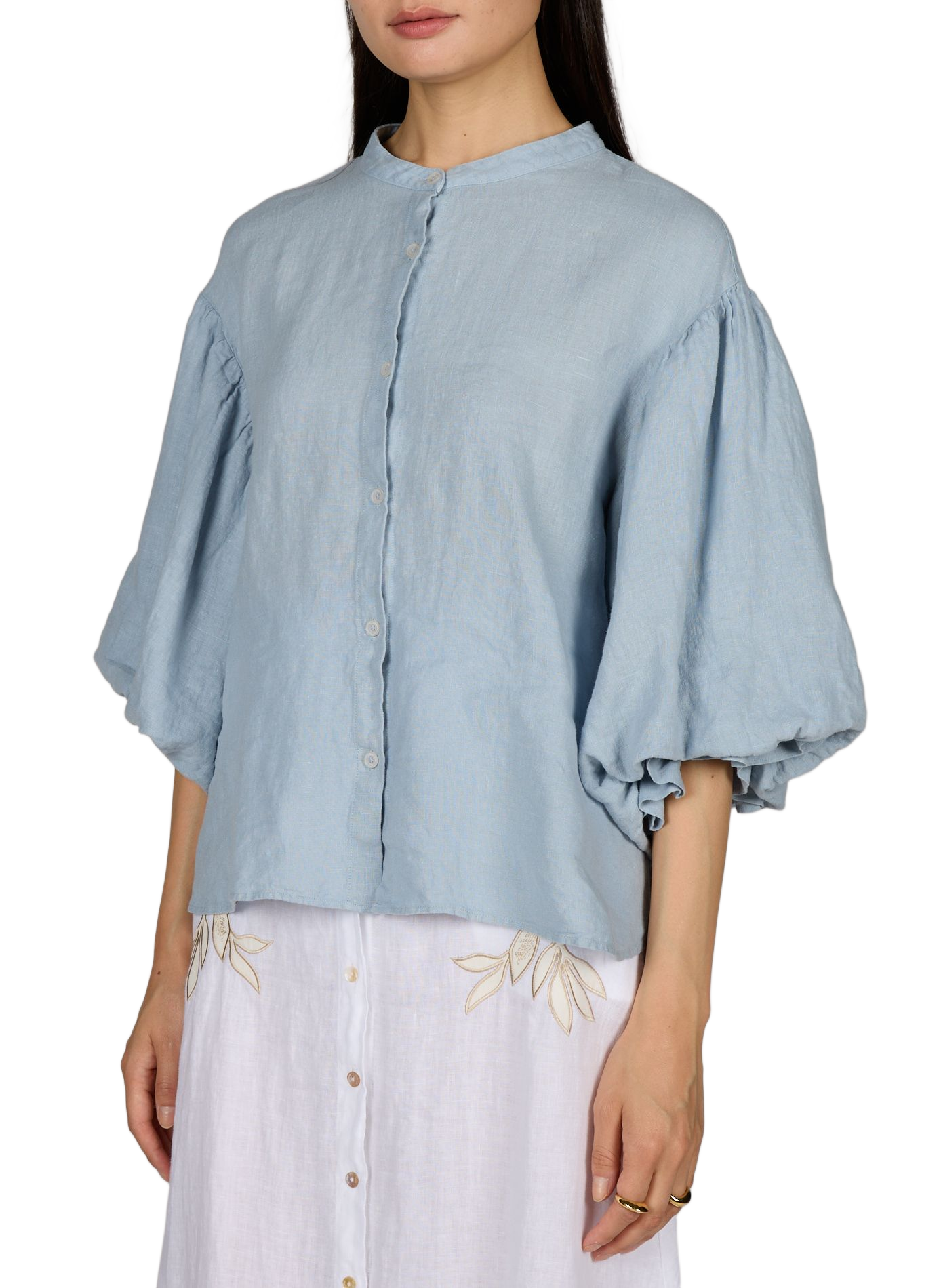 Linen blouse with puff sleeves MR MOOD Blue