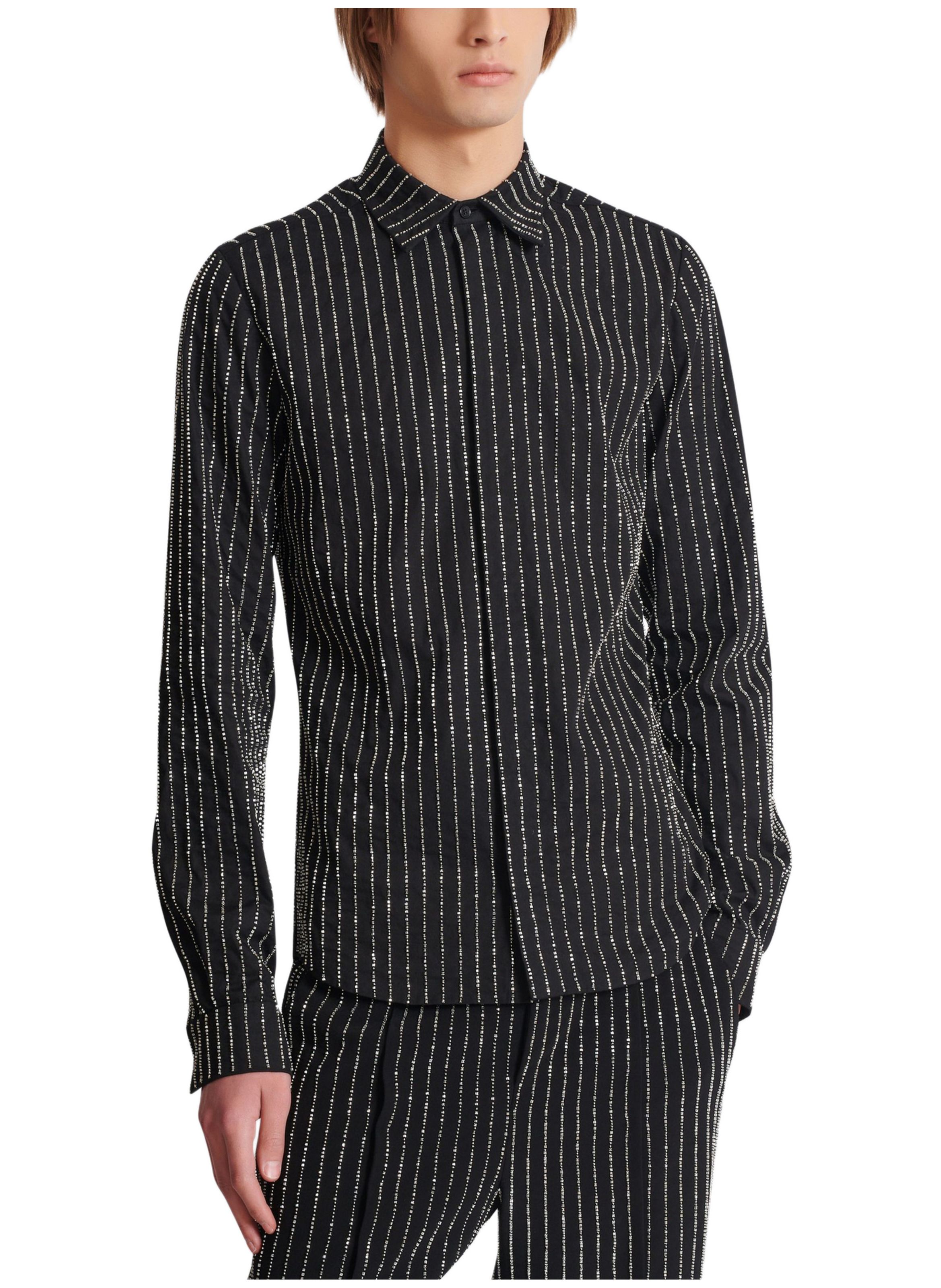 Chemise en coton à rayures avec crystal BALMAIN Noir