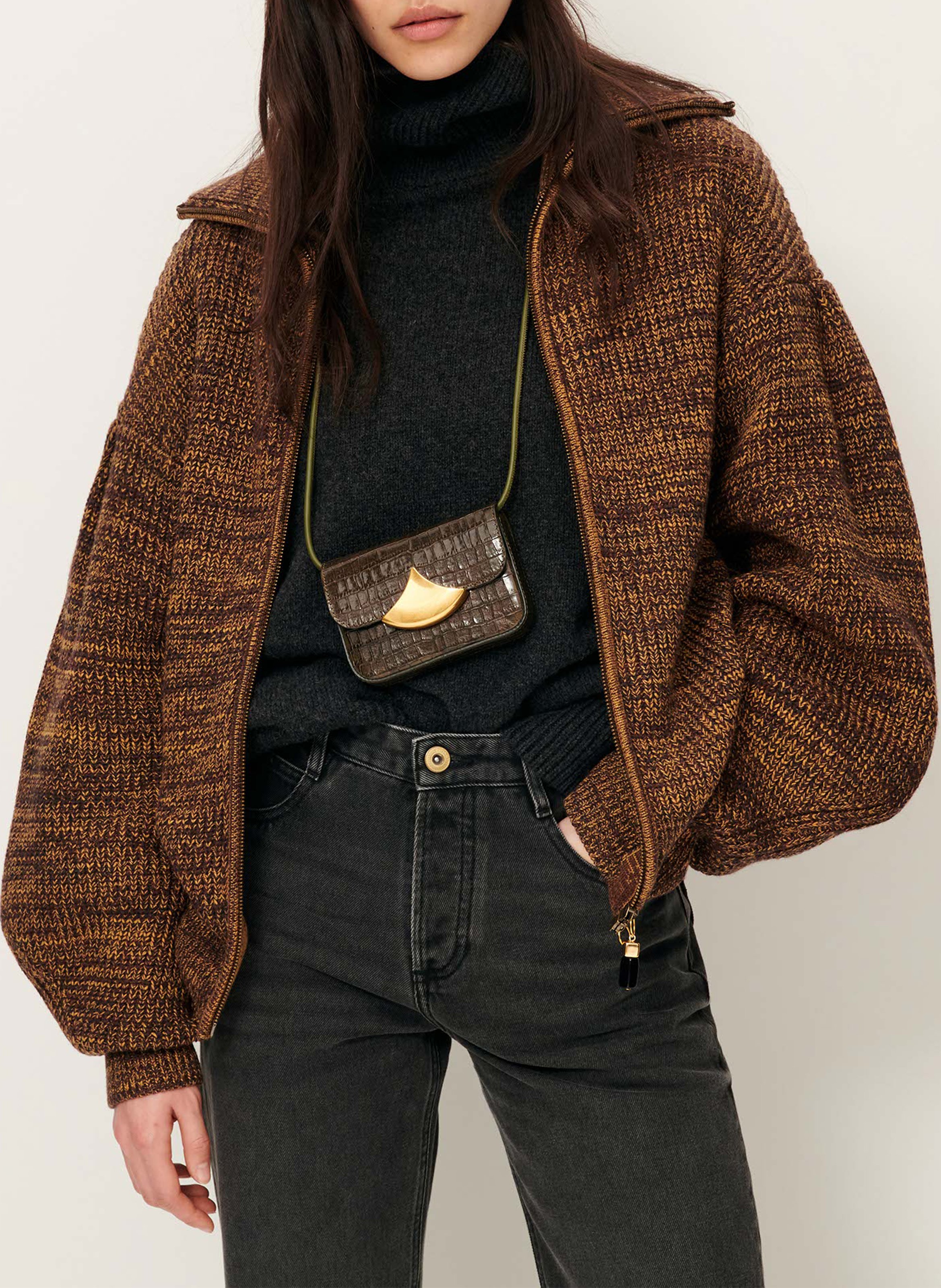 SESSUN Gilet en maille droit col montant waiser Marron