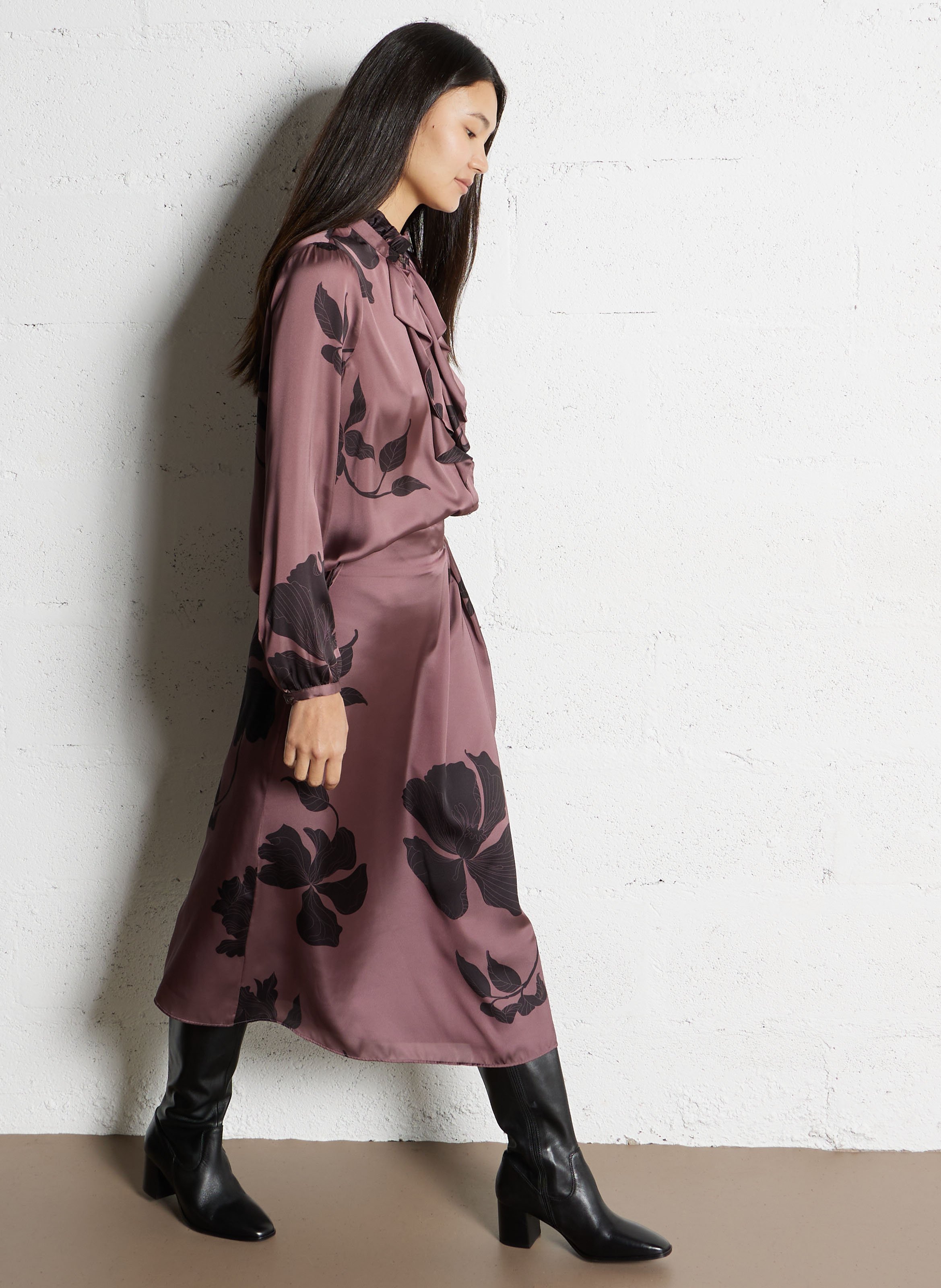 Chemise ample à jabot imprimé floral IKKS Marron