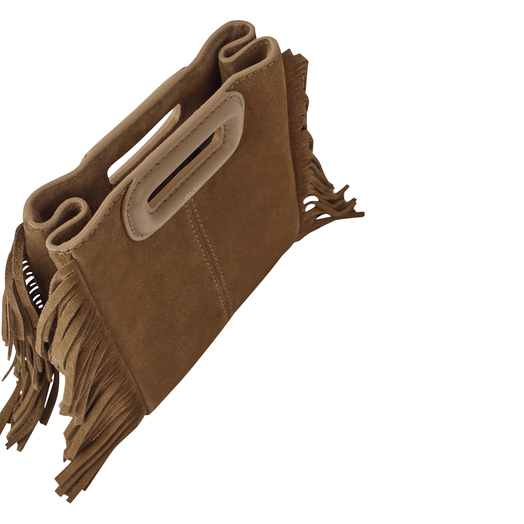 Sac bandoulière à franges en cuir velours m mini MAJE Beige