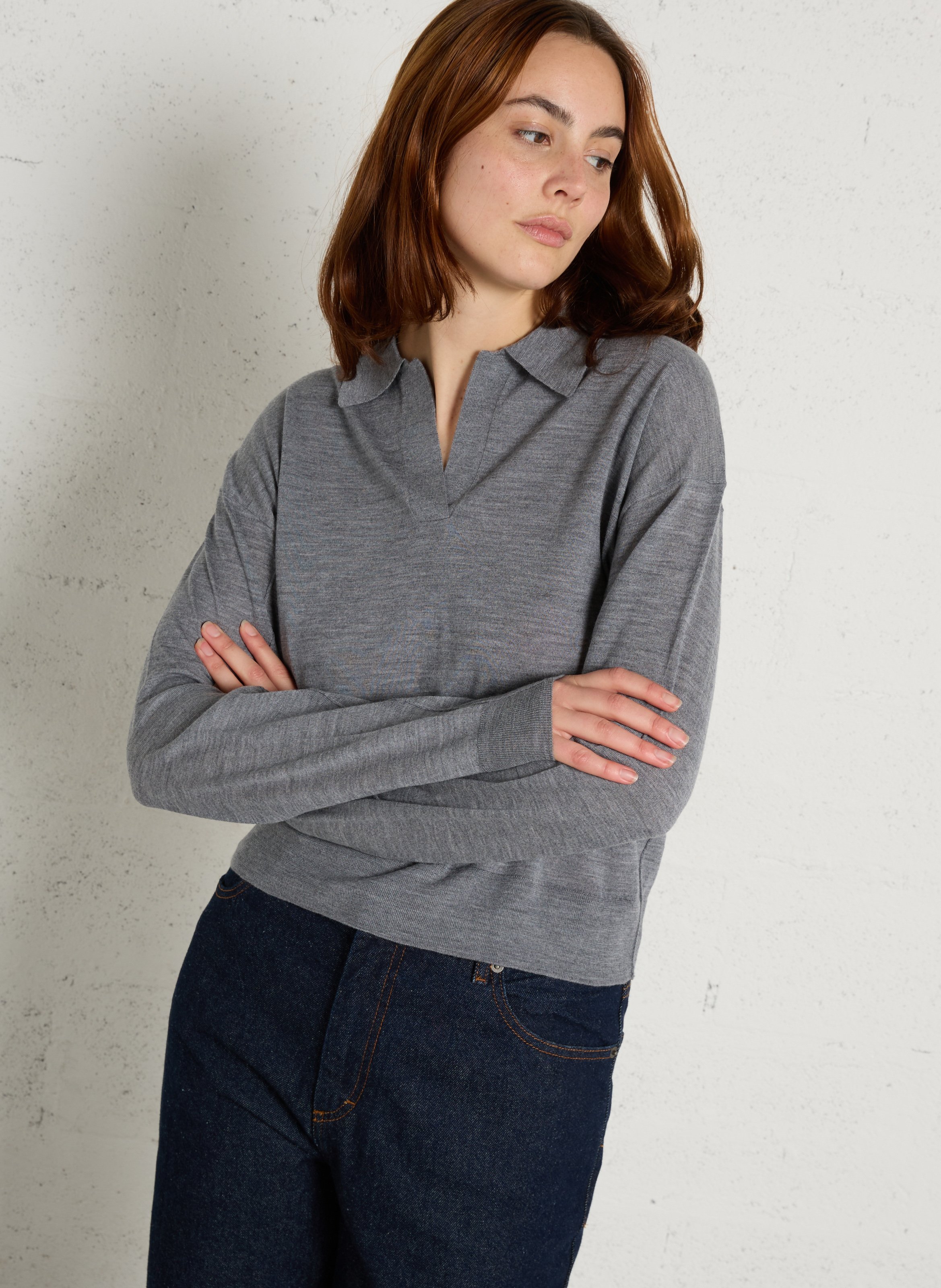 Pull col polo en laine Fleming SOEUR Gris