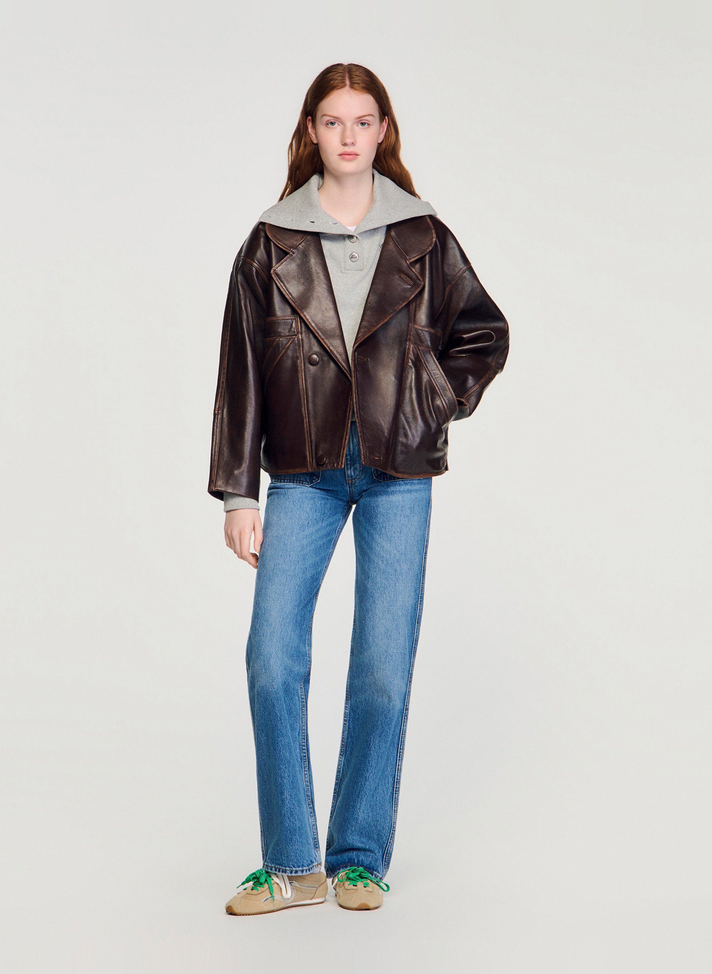 Veste col tailleur en cuir SANDRO Marron