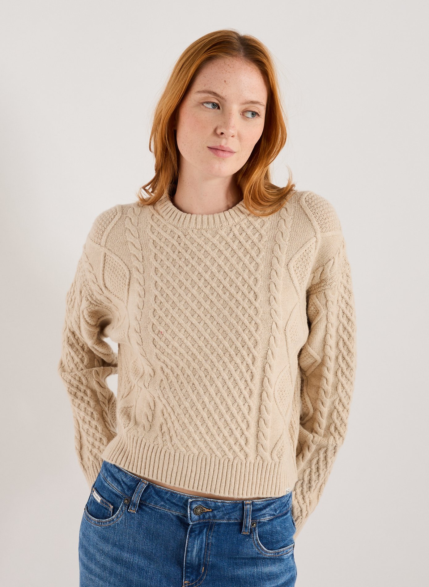 GUESS Pull col rond en coton et laine mélangés Beige