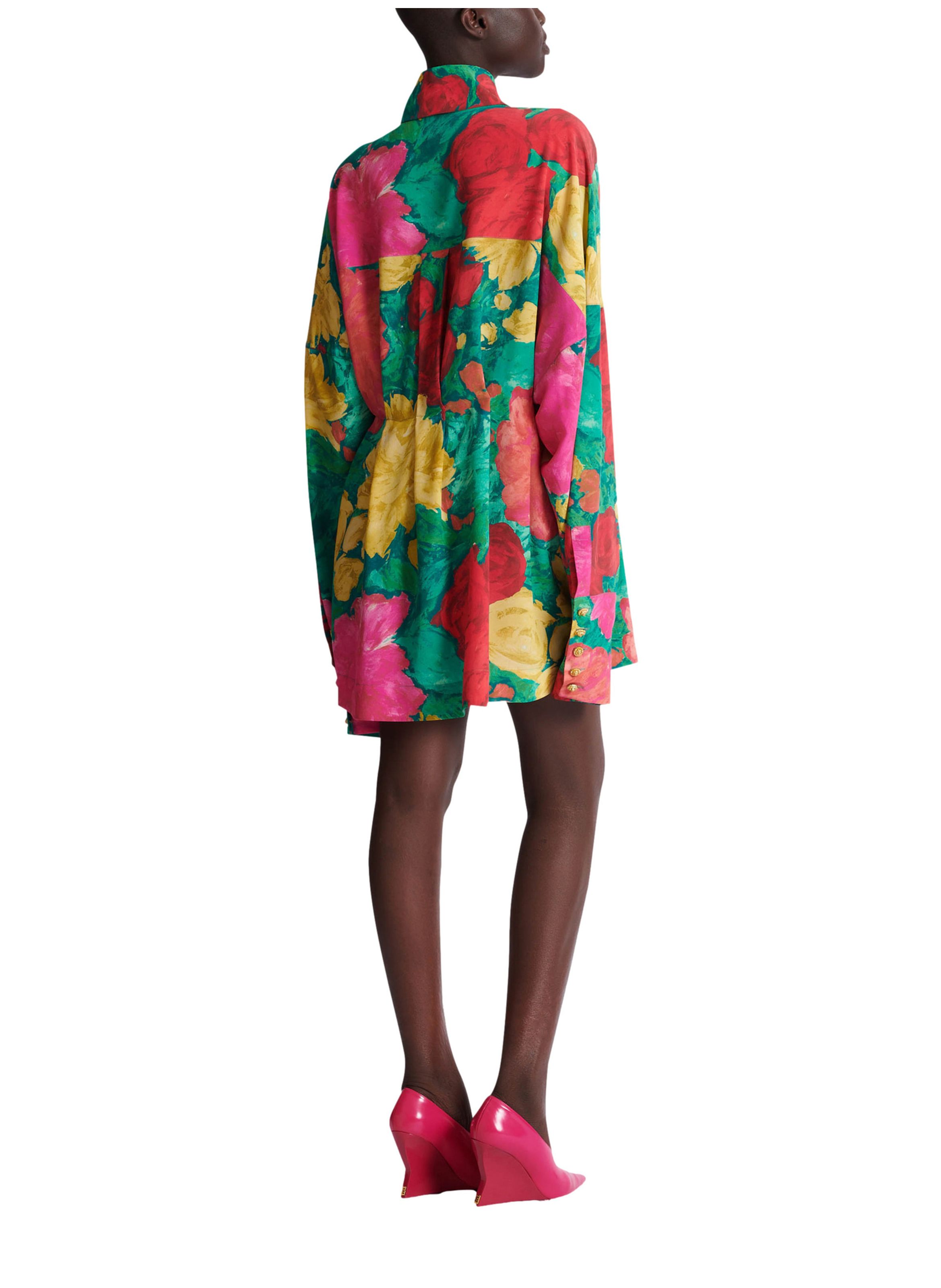 Robe-chemise en crêpe à imprimé roses BALMAIN Multicolore